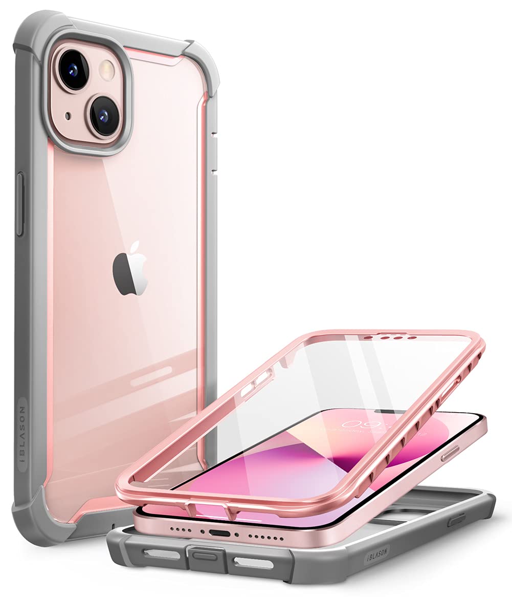 【送料無料】i-BLASON iPhone14 iPhone13 ケース 2022/2021 液晶保護フィルム付き 米国軍事規格取得 360°保護 耐衝撃 防塵 衝撃吸収 耐久性 密着 ケーブル充電可能 背面クリア Aresシリーズ 色：桃ピンク、サイズ：iPhone13Mini