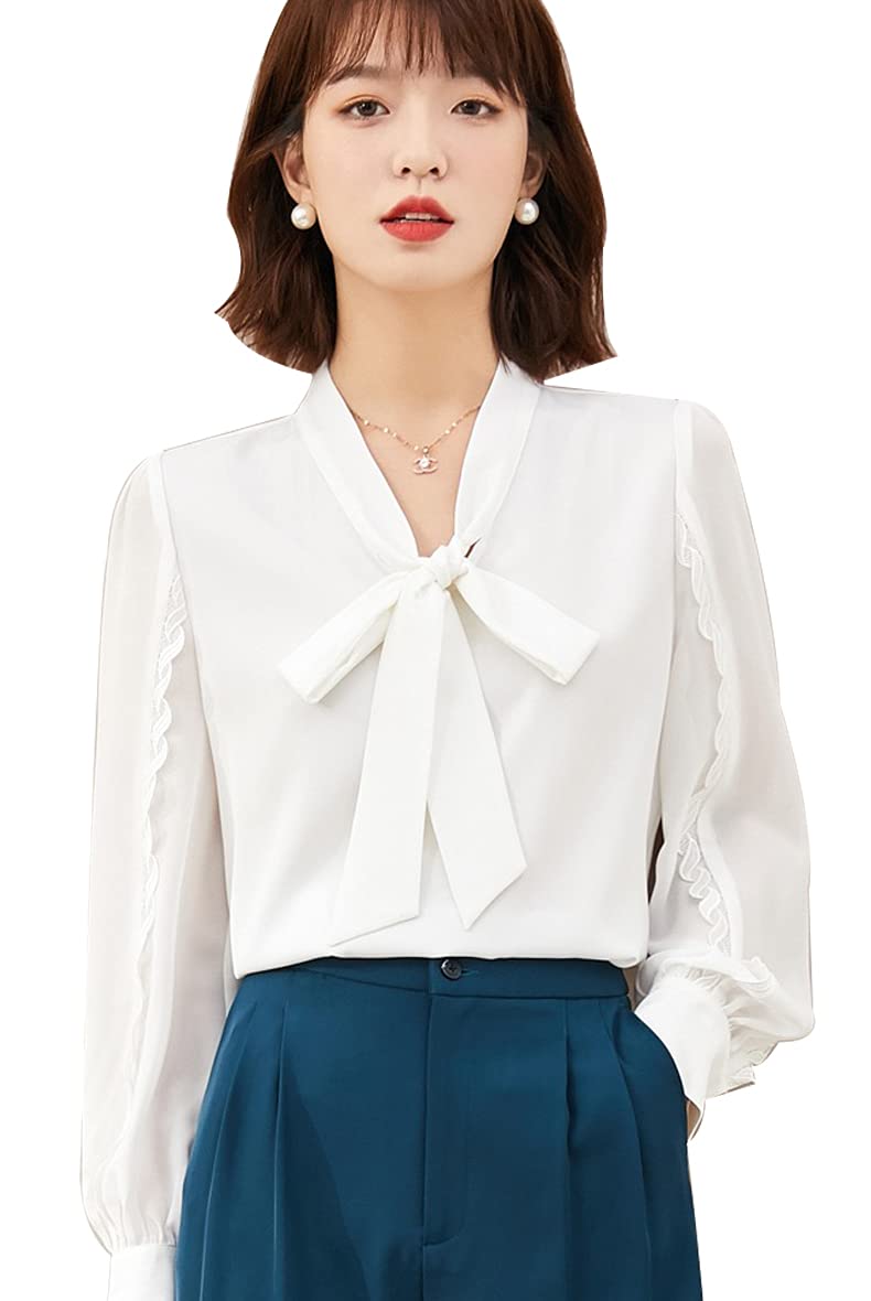 【送料無料】ブラウス レディース 長袖 ワイシャツ ボウタイ リボン シャツ トップス ワイシャツ 無地 シンプル シフォン オフィス フォーマル blouse おしゃれ PHFUYUメーカー直営＆品質 色：ホワイト、サイズ：S
