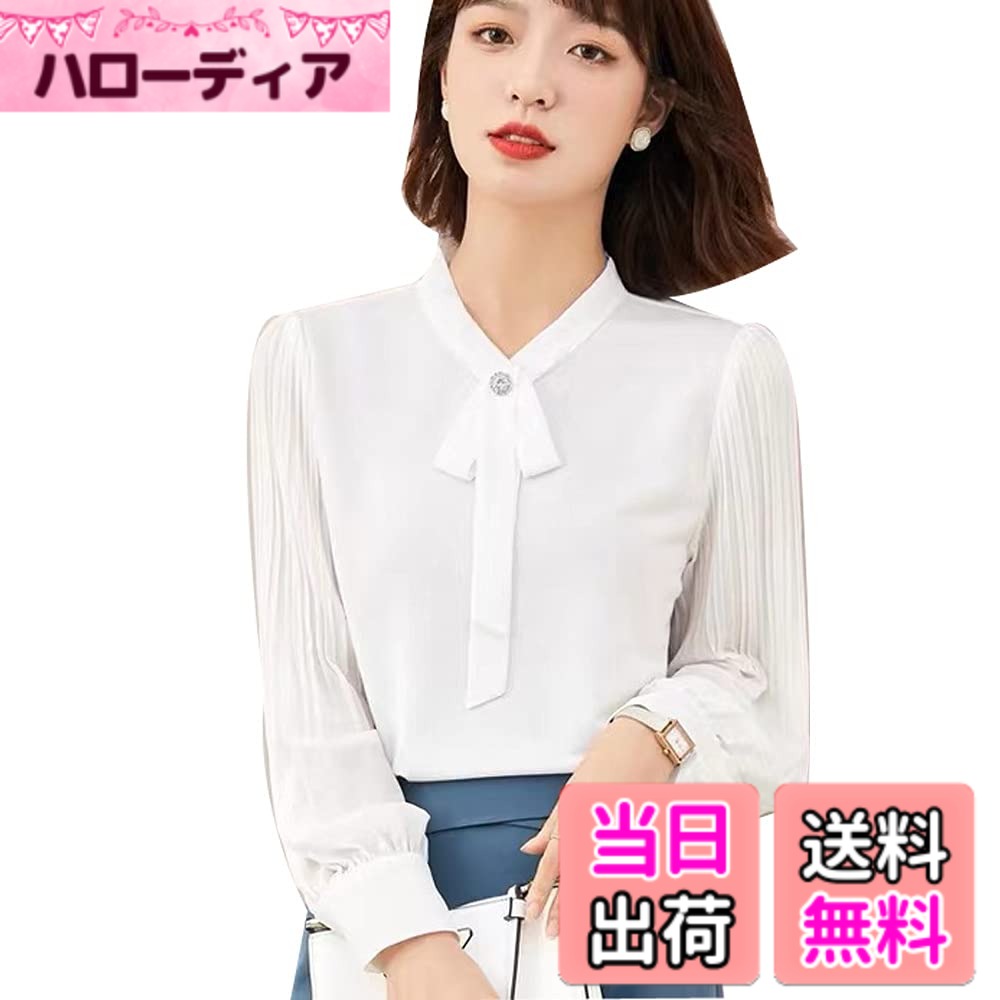 Other - 【送料無料】ブラウス レディース 長袖 vネック レース ボウタイ フリル シャツ トップス ワイシャツ 無地 シンプル シフォン オフィス フォーマル blouse おしゃれ PHFUYUメーカー直営＆品質 色：ホワイト、サイズ：XL