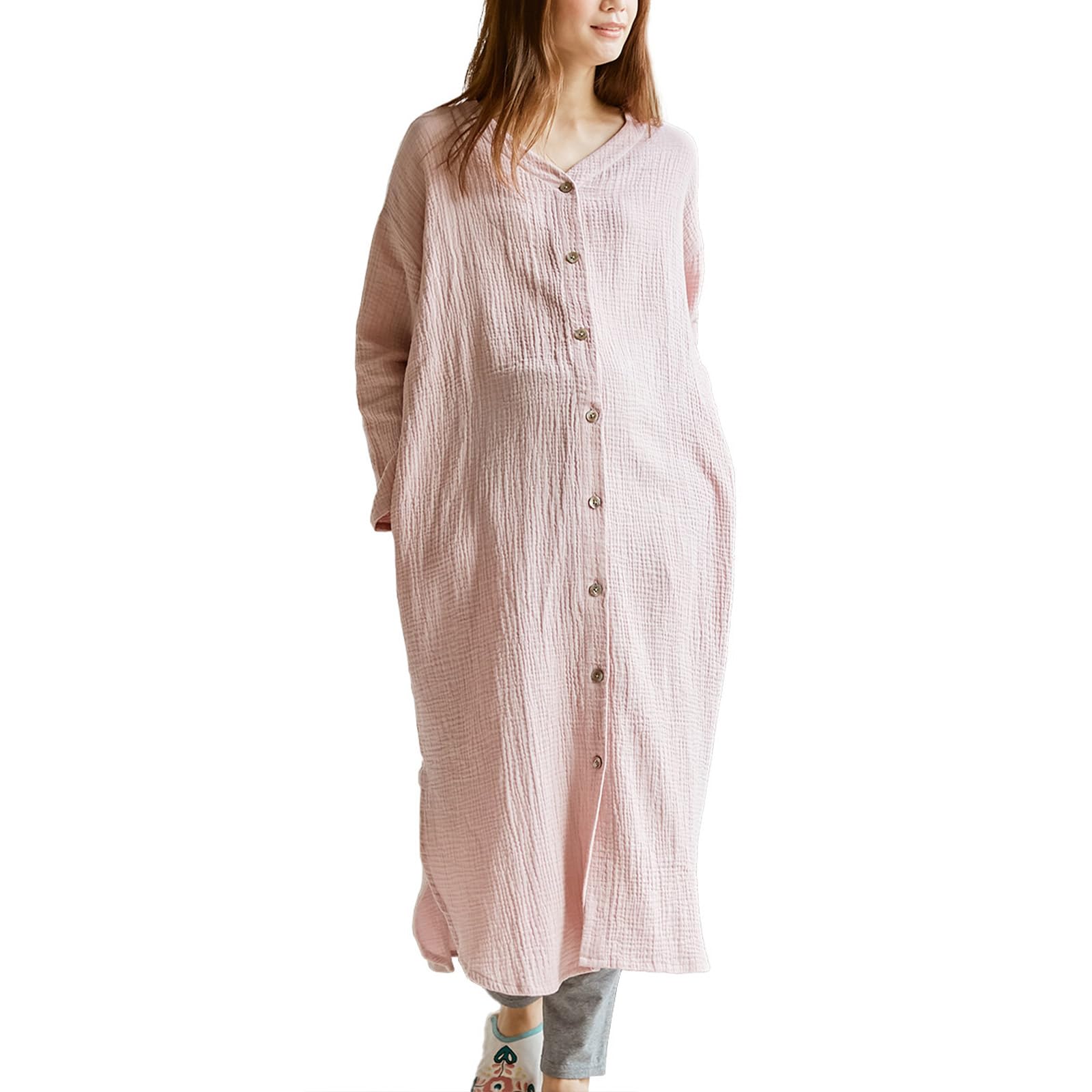 【送料無料】[ANGELIEBE エンジェリーベ] マタニティ パジャマ 授乳服 前開き ぷくぷく ダブルガーゼ Vネック ワンピ ＆ 産前 産後 使える レギンス 長袖 入院 色：グレイッシュピンク、サイズ：Free Size