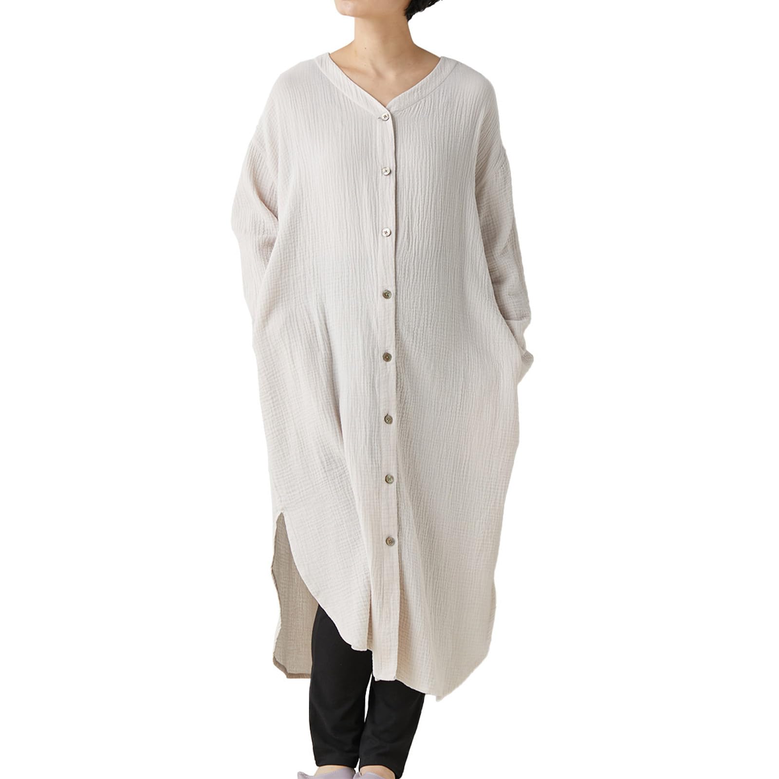 【送料無料】[ANGELIEBE エンジェリーベ] マタニティ パジャマ 授乳服 前開き ぷくぷく ダブルガーゼ Vネック ワンピ ＆ 産前 産後 使える レギンス 長袖 入院 色：アイスベージュ、サイズ：Free Size