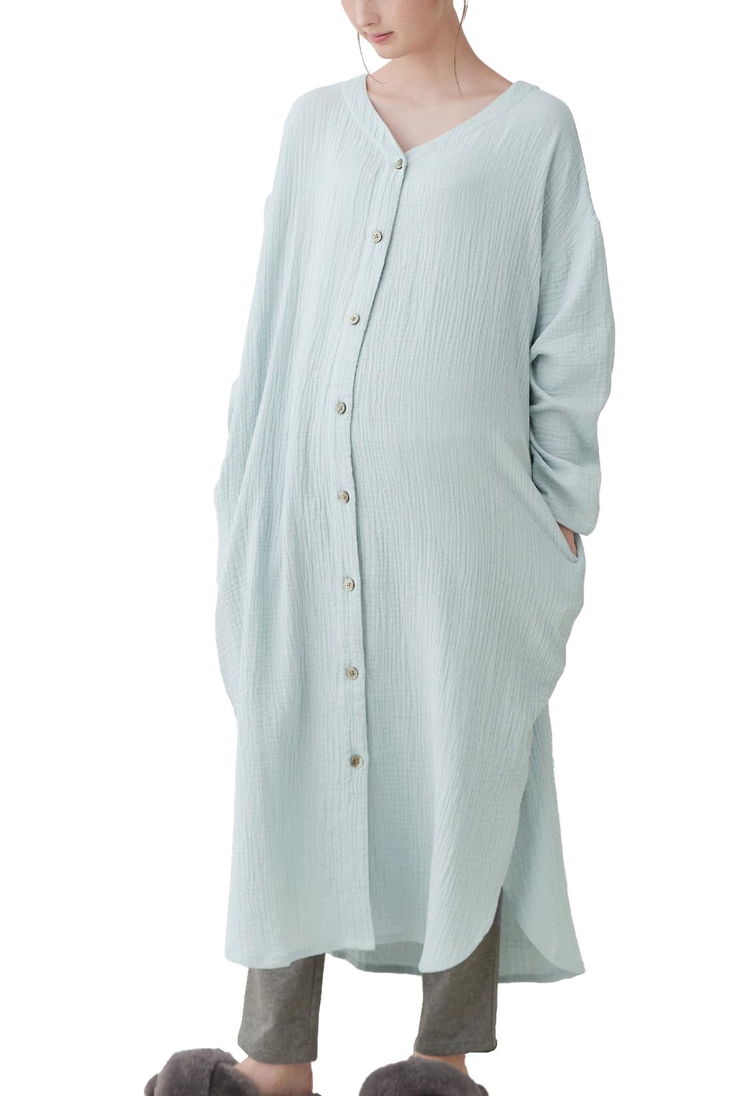 【送料無料】[ANGELIEBE エンジェリーベ] マタニティ パジャマ 授乳服 前開き ぷくぷく ダブルガーゼ Vネック ワンピ ＆ 産前 産後 使える レギンス 長袖 入院 色：グレイッシュブルー、サイズ：Free Size