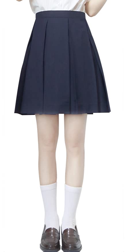 【送料無料】[Sharphon] 制服 スカート 39/42/45/48CM丈 黒 紺 灰色 4色 8本 無地 ライン ハイウエスト プリーツスカート 色：45CM-ネイビー、サイズ：L