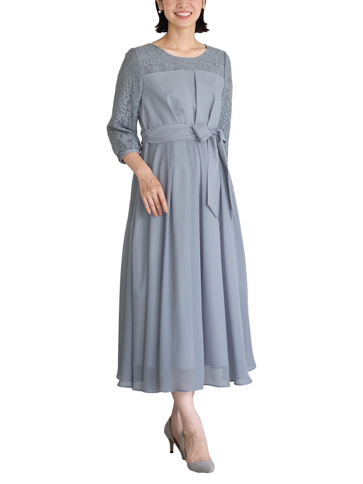 【送料無料】[ANGELIEBE エンジェリーベ] マタニティ 授乳服 フォーマル ワンピース シフォン タック ワンピ 産前 産後 お宮参り 結婚式 10171 色：ブルーグレー、サイズ：S