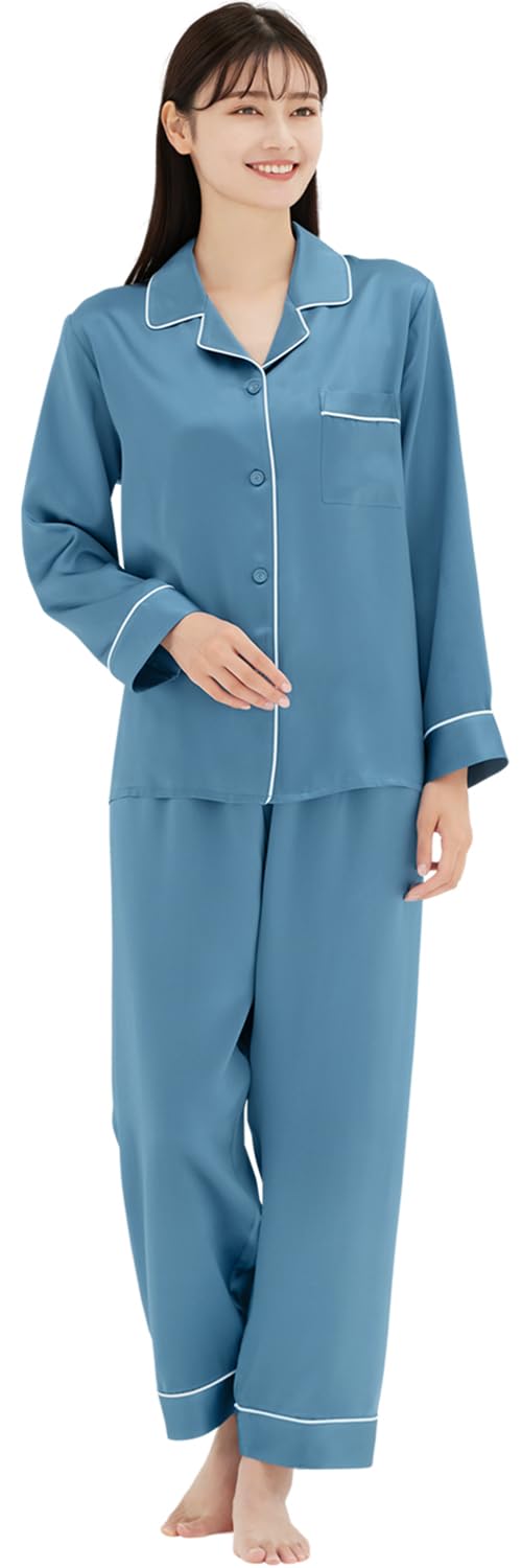 【送料無料】[COCOSILK] シルク パジャマ レディース シルク100% 長袖 長ズボン 上下セット 6Aランク 19匁 ルームウェア 部屋着 色：アンティークブルー、サイズ：L