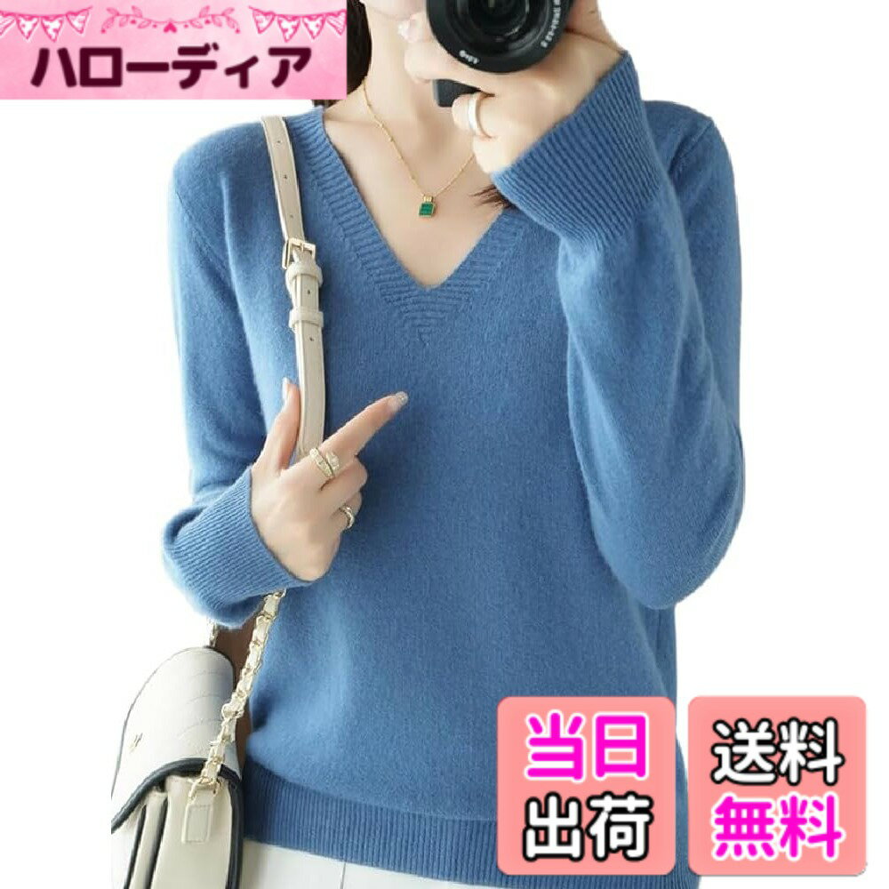 【送料無料】CLAZOLIY レディース ニット セーター Vネック 無地 長袖 インナー 体型カバー 着痩せ トップス 春 秋 冬 CL154 色：ブルー、サイズ：Free Size