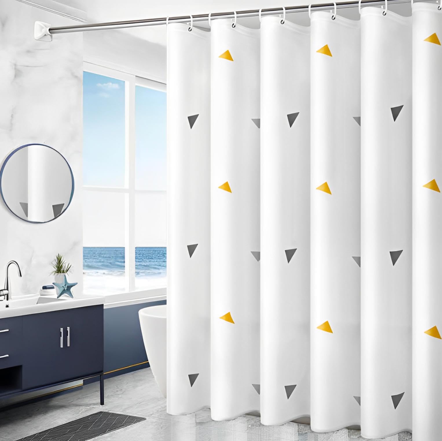 【送料無料】fogman シャワーカーテン バスカーテン カラフル 防水 厚手 かわいい おしゃれ 間仕切り 色：トライアングル（イエロー）、サイズ：丈180 cm x 幅120 cm (1枚組)