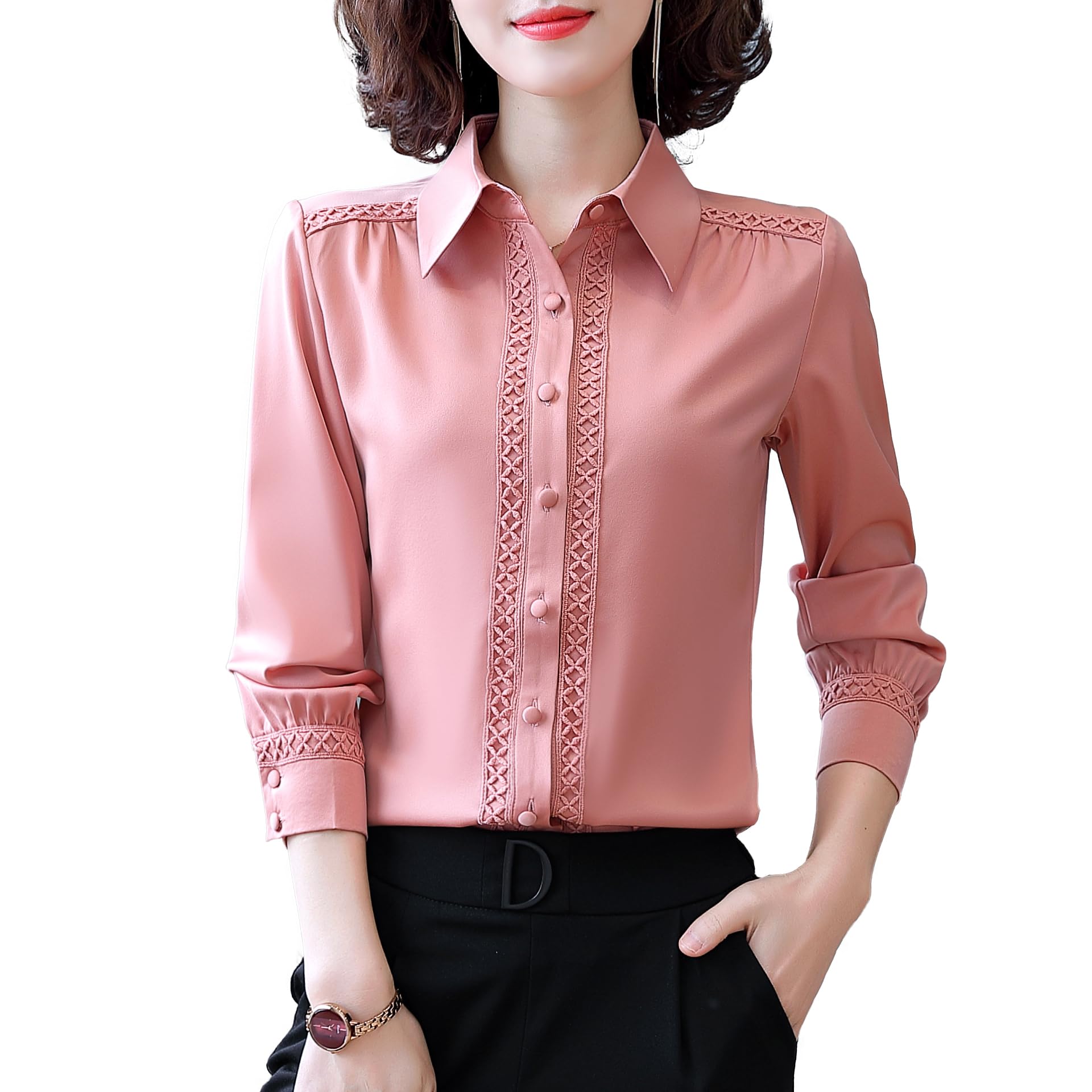 【送料無料】[Bolan Verl] ブラウス トップス 長袖 オフィス おしゃれ レース 切り替え シャツ レディース サテン カッターシャツ フォーマル 白 黒 ワイシャツ 襟付き 開襟 事務服 春秋冬 色：ピンク、サイズ：L