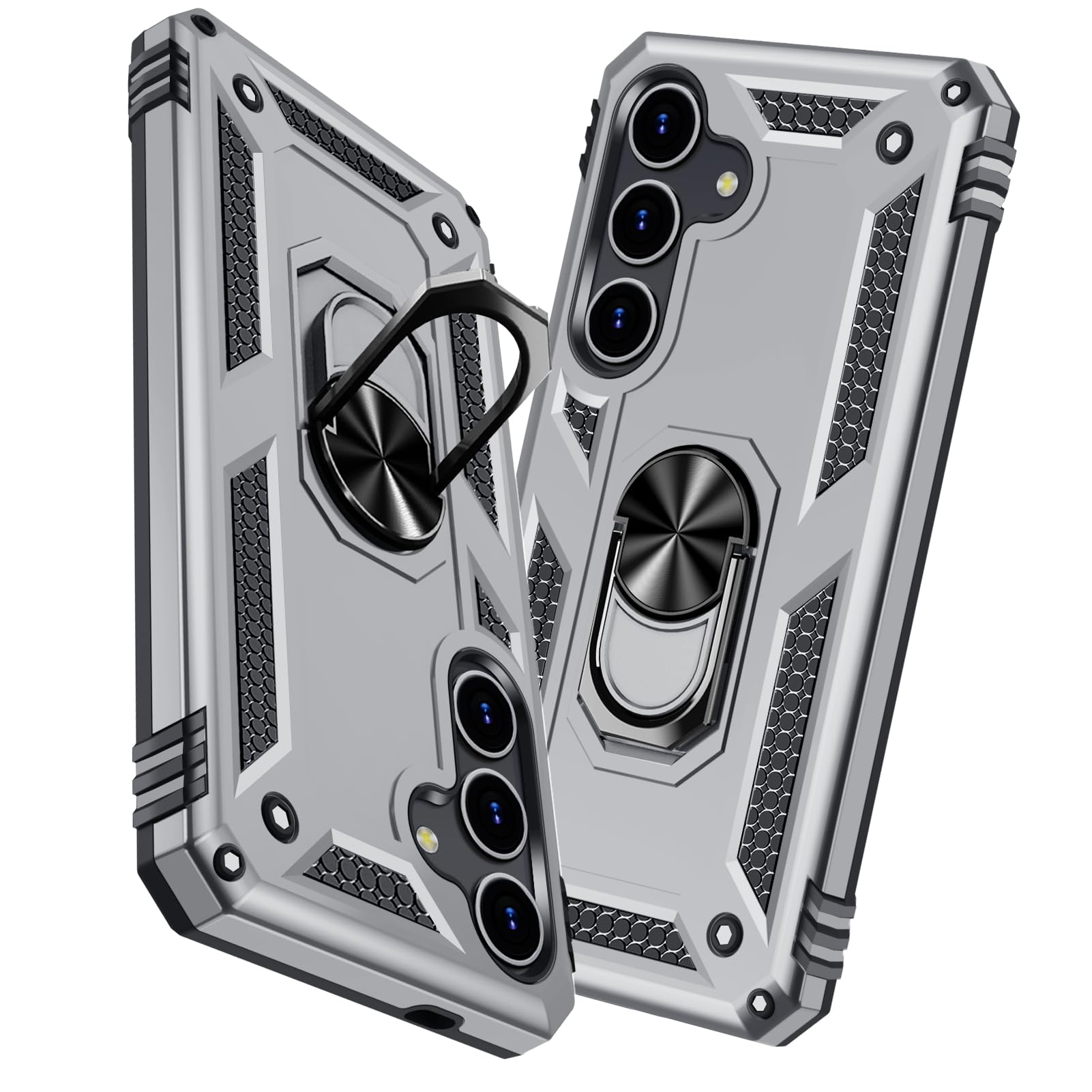 【送料無料】TMUJWS Galaxy S24 ケース リング 耐衝撃 衝撃吸収 傷防止 全面保護 カメラ保護 スタンド付き TPU+PCバンパー 指紋防止対策 二重構造 360度回転 防塵 サムスン ギャラクシー s24 スマートホンケース 車載ホルダー対応 黄変 色：シルバー、サイズ：Galaxy S24