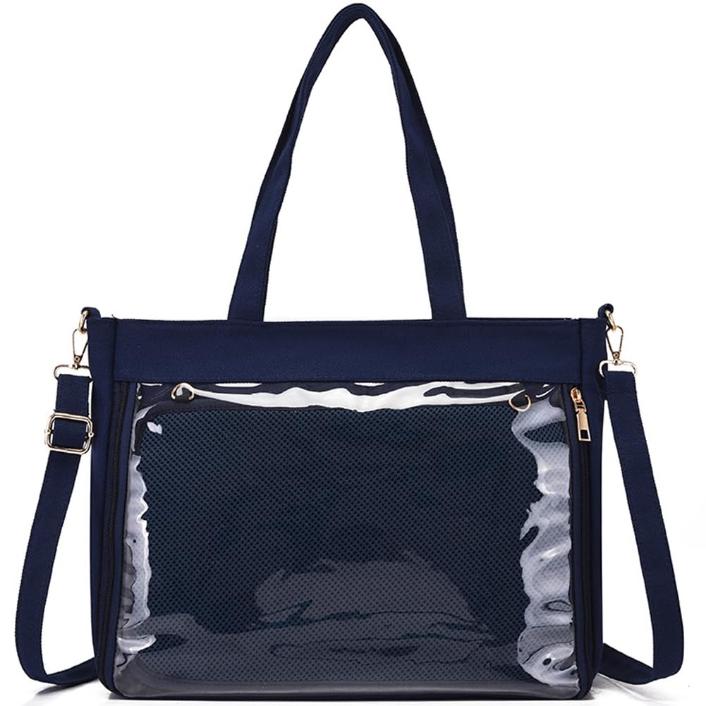 【送料無料】[YUYAKESHI] 痛バッグ 透明窓 かばん トートバッグ 展示 缶バッジ用 痛マット付 イベント 大容量 ショルダーバッグ 痛バ 通学 2way 色：ネイビーブルー、サイズ：中型