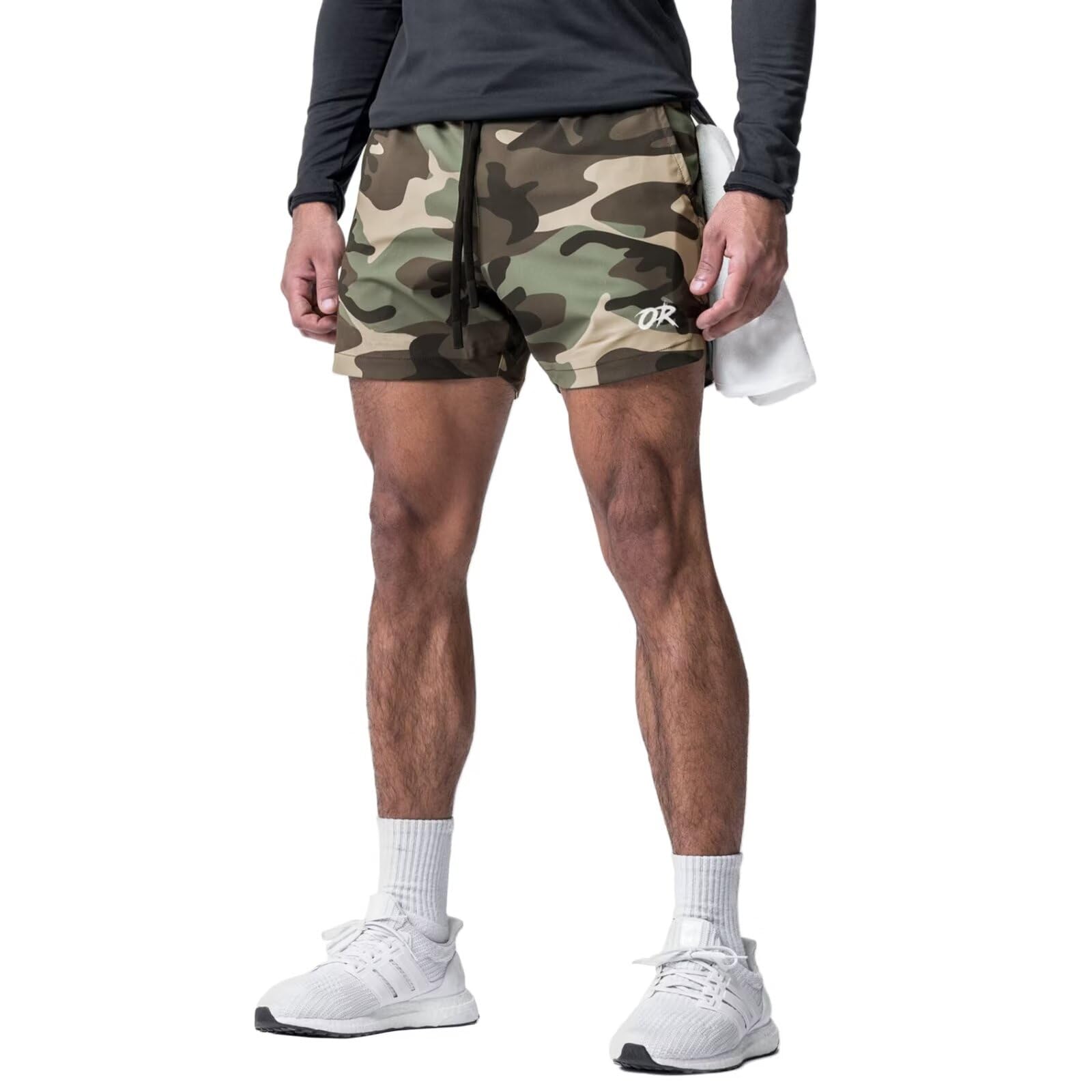 【送料無料】[OROLN] メンズ ショートパンツ トレーニング アメリカ スポーツ 短パン フィットネス ランニング 半ズボン 通気 速乾 調整可能 ファスナーポケット付き ハーフパンツ 色：ミリタリーグリーン、サイズ：M