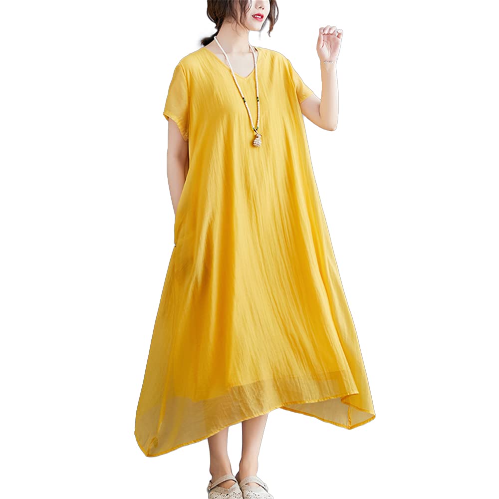 【送料無料】[H.U.A] 【エイチユーエー】半袖 マキシ丈 ロング プリーツ ワンピース 体型カバー マタニティ レディース 3カラー M-2XL 色：イエロー、サイズ：XL