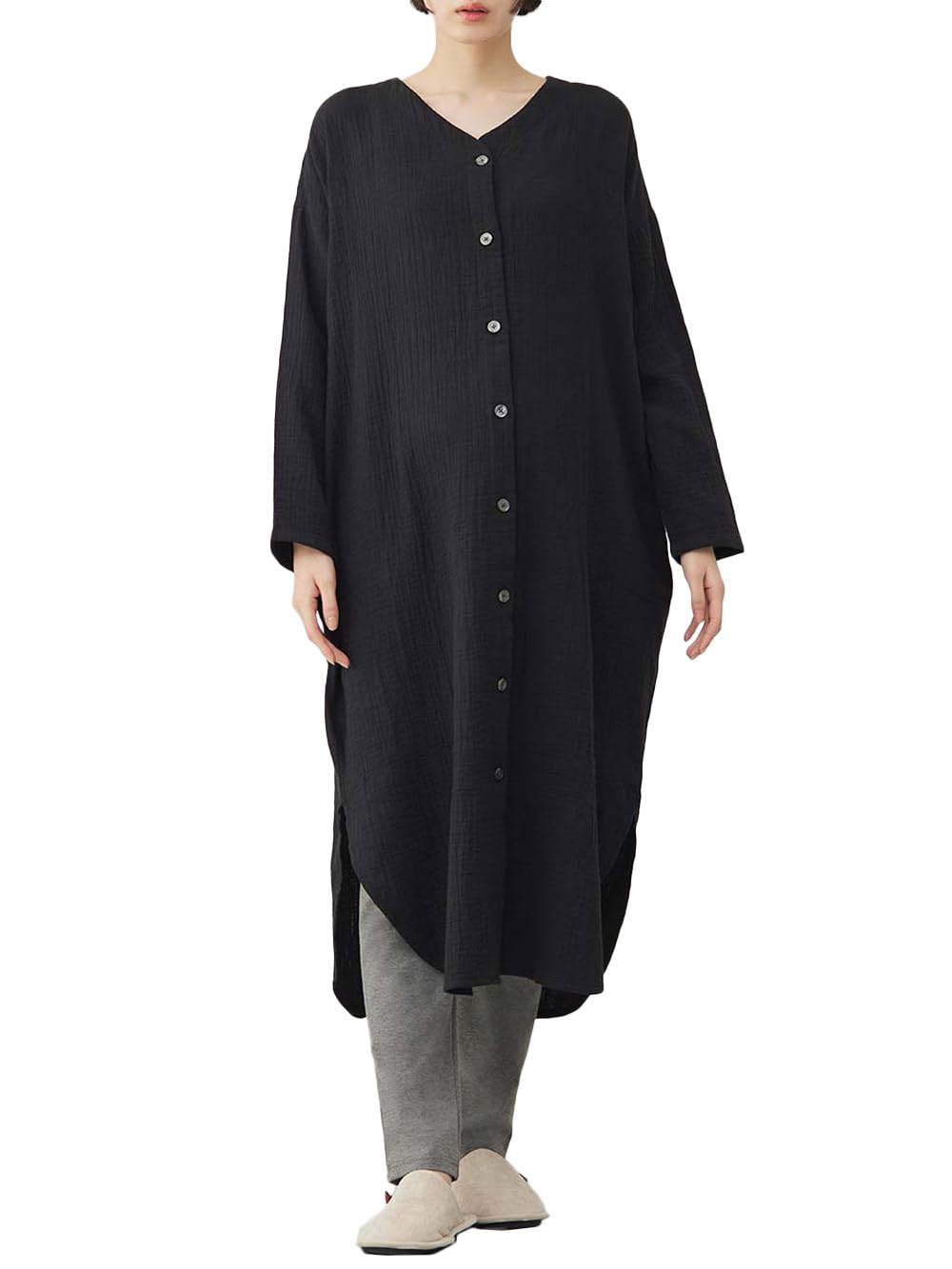 【送料無料】[ANGELIEBE エンジェリーベ] マタニティ パジャマ 授乳服 前開き ぷくぷく ダブルガーゼ Vネック ワンピ ＆ 産前 産後 使える レギンス 長袖 入院 色：ブラック、サイズ：Free Size