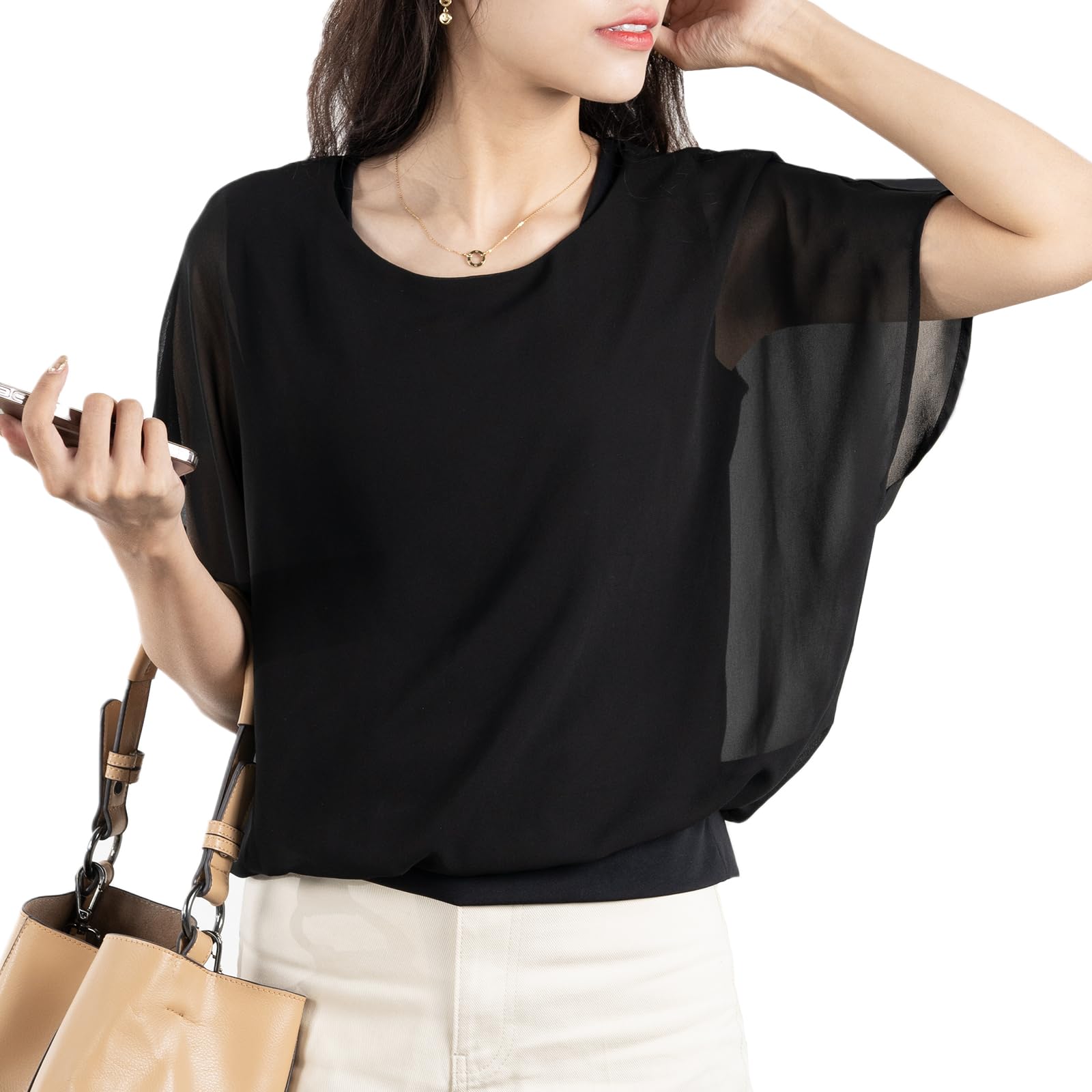 【送料無料】[iito.seasons] ブラウス レディース 半袖 トップス シャツ カットソー シフォン フリル フレア tシャツ ドルマン 裏地付 おしゃれ 大きいサイズ ゆったり 無地 女性らしい かわいい ジョーゼット 吸汗速乾 色：ブラック、サイズ：M