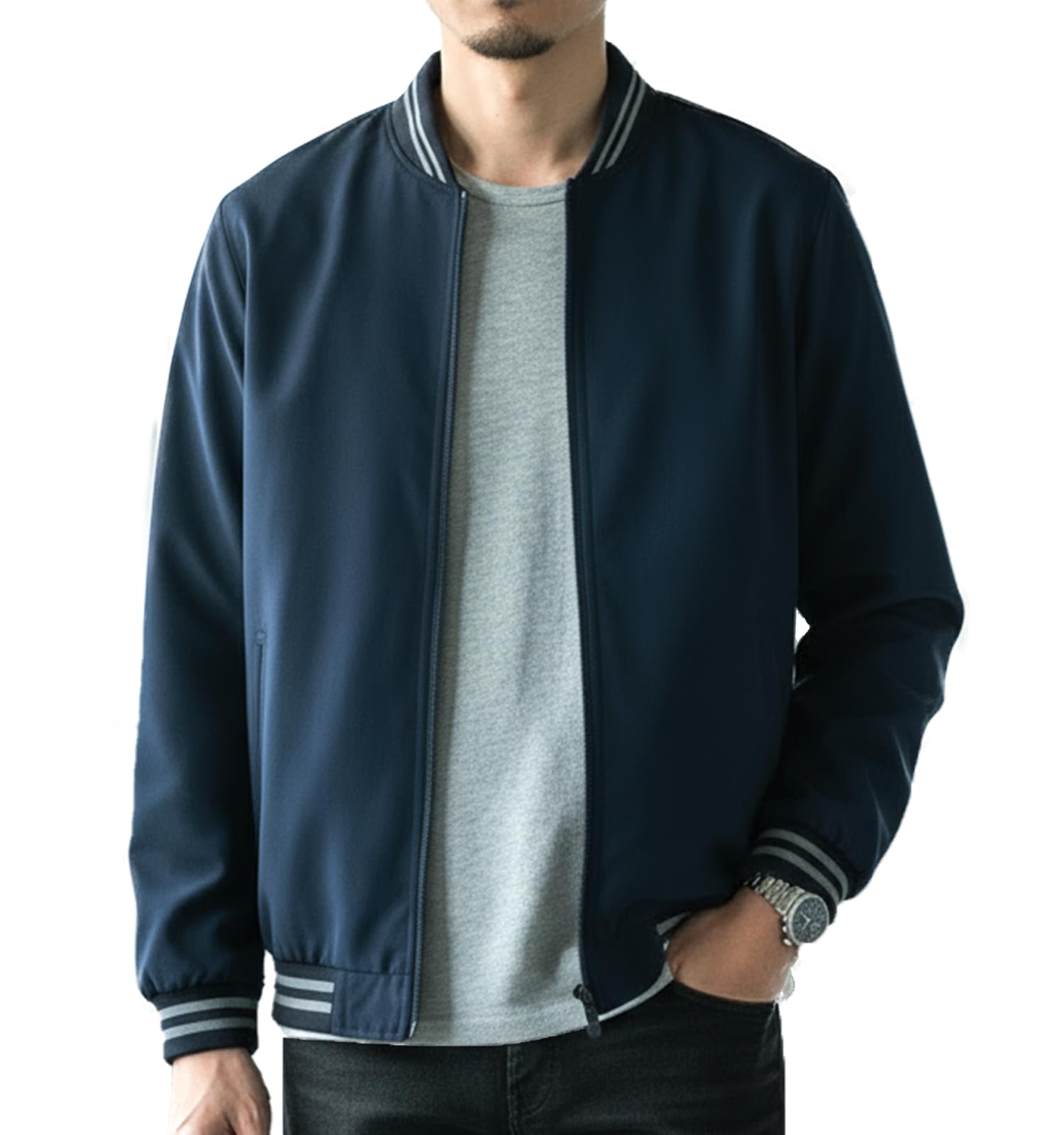 【送料無料】[Ranmy Stage] ジャンパー メンズ ブルゾン MEN'S ジャケット 上着 カジュアル ライトジャケット 薄手 ウィンドブレーカー 撥水 アウター スタジャン 春 秋 色：ブルー、サイズ：XL