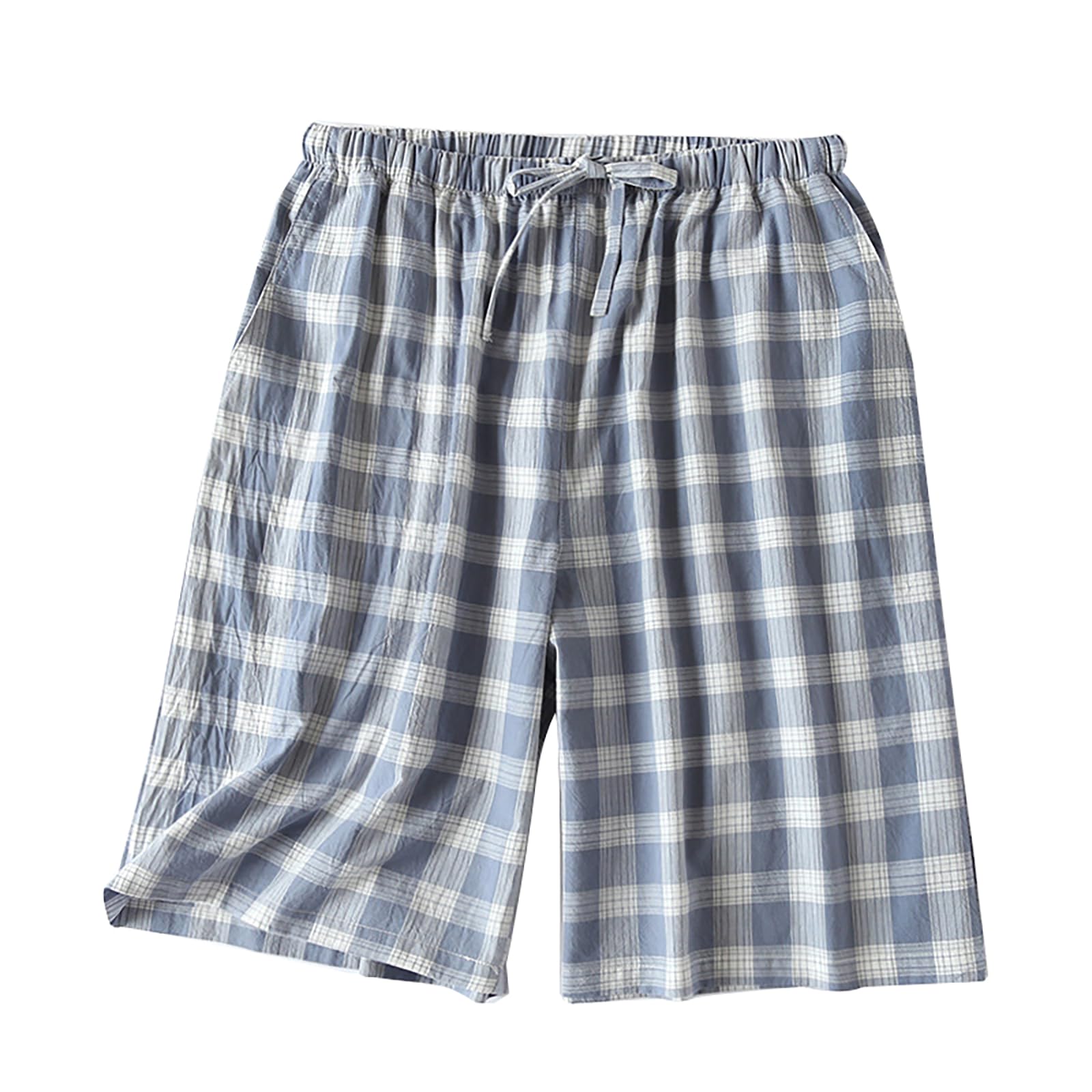 【送料無料】[§ASHE RANGEL] 夏 パジャマ 下だけ メンズ チェック柄 ルームパンツ ショートパンツ ハーフパンツ 綿 二重 ガーゼ 大きいサイズ 5分丈 ウエストゴム 短パン 半ズボン 部屋着 ビーチ ナイトウェア 寝巻き 色：Q102男性・ブルー、サイズ：3XL