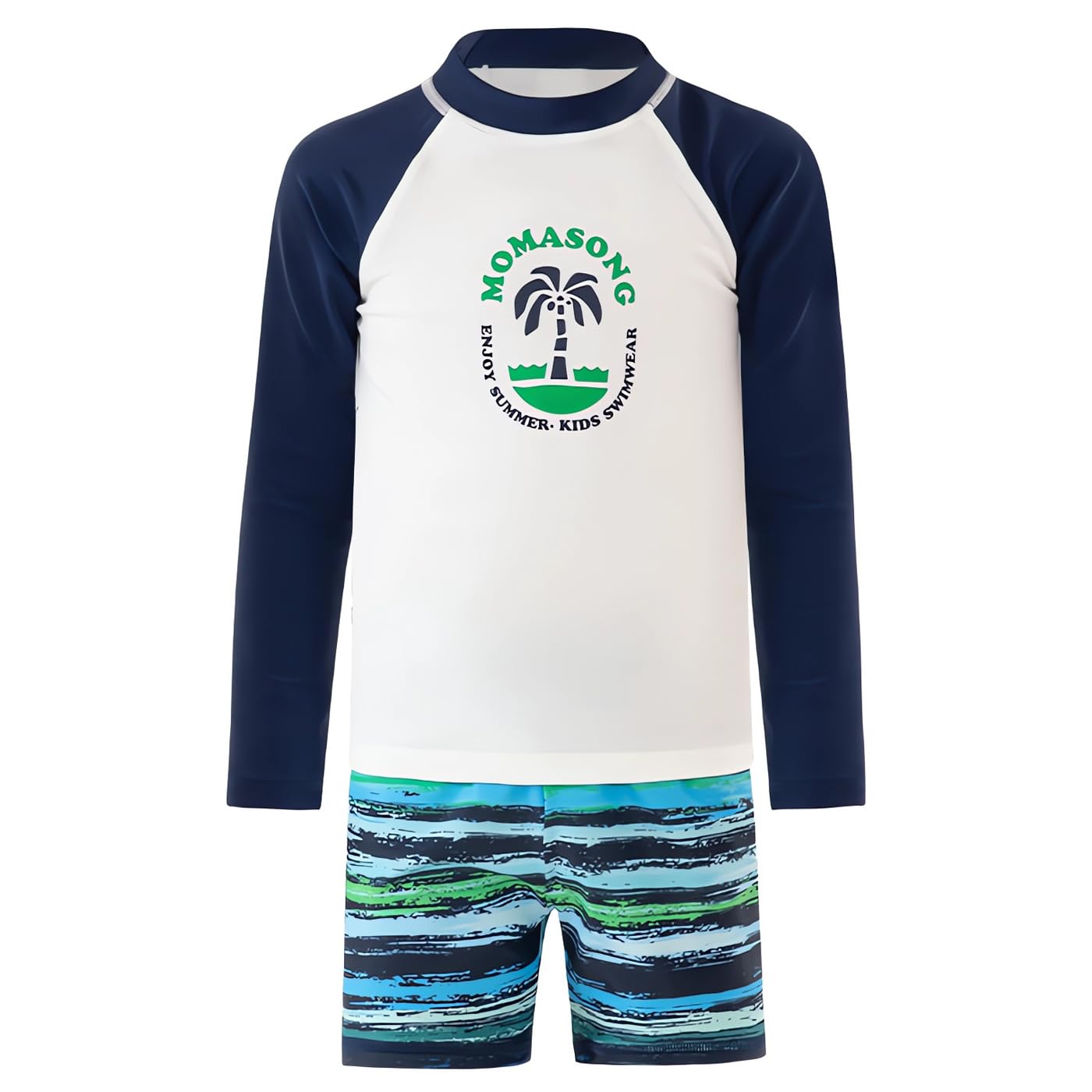【送料無料】[GoUseGo] キッズ 水着 男の子 3点セット 小学生用 長袖ラッシュガード サーフパンツ 帽子 90-155cm 子ども用水着 ビーチ スイムウェア 上下セット 子供 幼児 幼稚園用 小学校 水着 UPF50+ 日焼け止め 色：樹木、サイズ：85-95