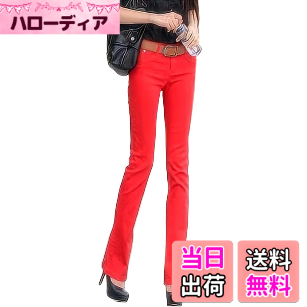 【送料無料】[Sharphon] レディース ブーツカット ロング パンツ 綿100% 大きい デニム ストレッチ スリム 美脚 ジーンズ ズボン 12色 色：レッド、サイズ：5XL