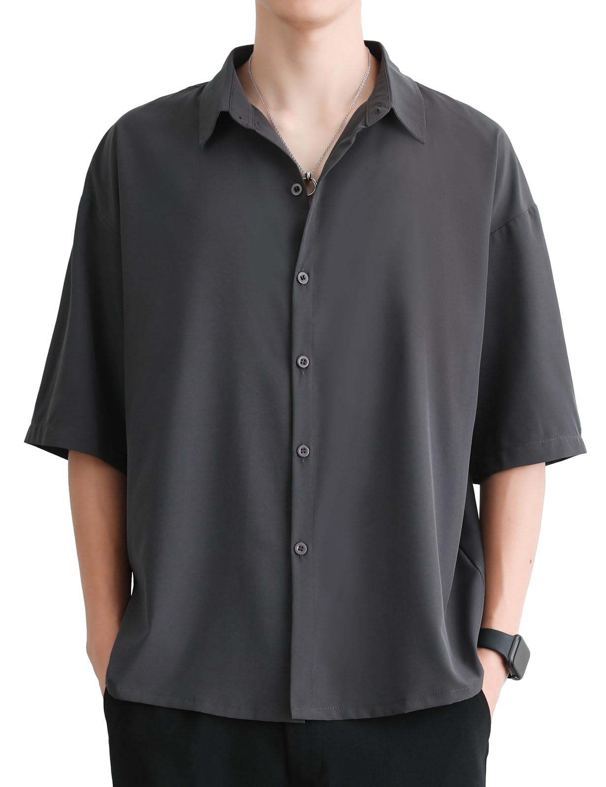 【送料無料】[TickElf] シャツ メンズ 長袖 半袖 無地 ゆったり 防シワ 軽量 快適 吸汗速乾 通気 オシャレ シンプル カジュアル 大きいサイズ ワイシャツ 春夏秋 色：グレー半袖、サイズ：3XL