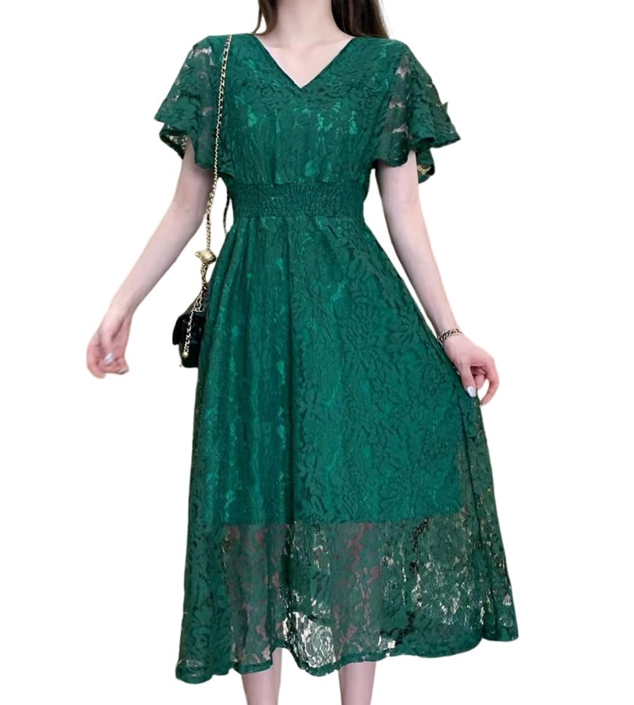 【送料無料】[Collecala] ワンピース チュニックレースワンピー レディース夏服 レースドレス Vネック花柄ウエストマーク痩せ見え おしゃれ服 色：グリーン、サイズ：M