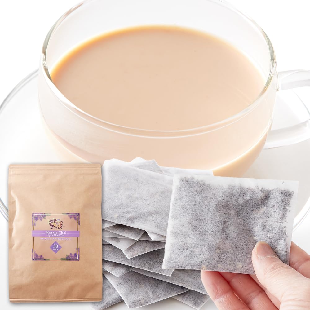 商品情報商品の説明主な仕様 【本格チャイをお手軽に！】良質な紅茶に、6種類のスパイスをブレンドしました。1杯分をティーパック1包にまとめたので、お1人分から、レンジで手軽に「マサラチャイ」をお召し上がりいただきます。【マサラチャイとは】「チャイ」とは、インド式に甘く煮出したミルクティーのことで、スパイスで香りつけしたものを「マサラチャイ」といいます。紅茶を水から煮出し、ミルクとたっぷりの砂糖を加えるのが本場のチャイの特徴ですが、砂糖を省いたり、ミルクの代わりに豆乳を使用したりと、自由に楽しくお召し上がりください。【良質な紅茶に厳選した6種類のスパイスをブレンド】(ジンジャー)ポカポカ美味しい日本人にも馴染み深いスパイス、(シナモン)ほのかな甘みを感じさせる独特の香りで甘みを引き立てます。(クローブ)甘く濃厚な香りと、しびれるような刺激的な風味が特徴のハーブです。(カルダモン)清涼感のある香りと、ピリッと刺激的な辛みが特徴です。(ブラックペッパー)野性的でさわやかな香りと、ピリッとした辛みが、「マサラチャイ」の風味を引き締めます。(スターアニス)甘く高尚な強い香りが特徴です。【レンジでかんたん！美味しいお召し上がり方】1.耐熱性の深型のカップにティーパックを1包と水70mlを入れ、レンジで2分30秒(600w)。2.取り出してミルクを100ml加え、再度レンジで1分10秒(600w)。3.ティーパックを取り出し、お好みで砂糖を加えて完成です。■商品名：マサラチャイスパイスブレンドティー ■名称：ブレンドティー ■原材料名：紅茶（インドネシア産）、ジンジャー、シナモン、クローブ、カルダモン、ブラックペッパー、スターアニス ■内容量：84g(2.8gx30p) ■賞味期限：製造より常温1年半 ■保存方法：直射日光・高温多湿を避け、移り香に注意し冷暗所で保存し、開封後は賞味期限に関わらずお早めにお飲み下さい。 ※妊娠中・授乳中の方はお控え下さい。 ※体調、体質に合わない時は使用を中止して下さい。 ※加熱後の吹きこぼれ、及び加熱後のやけどにご注意下さい。 ※分量や調理時間は目安になりますので、お好みでご調整下さい。 ※底に沈殿物が生じる場合がありますが、これはハーブの微粉末ですので、安心してお飲みいただけます。