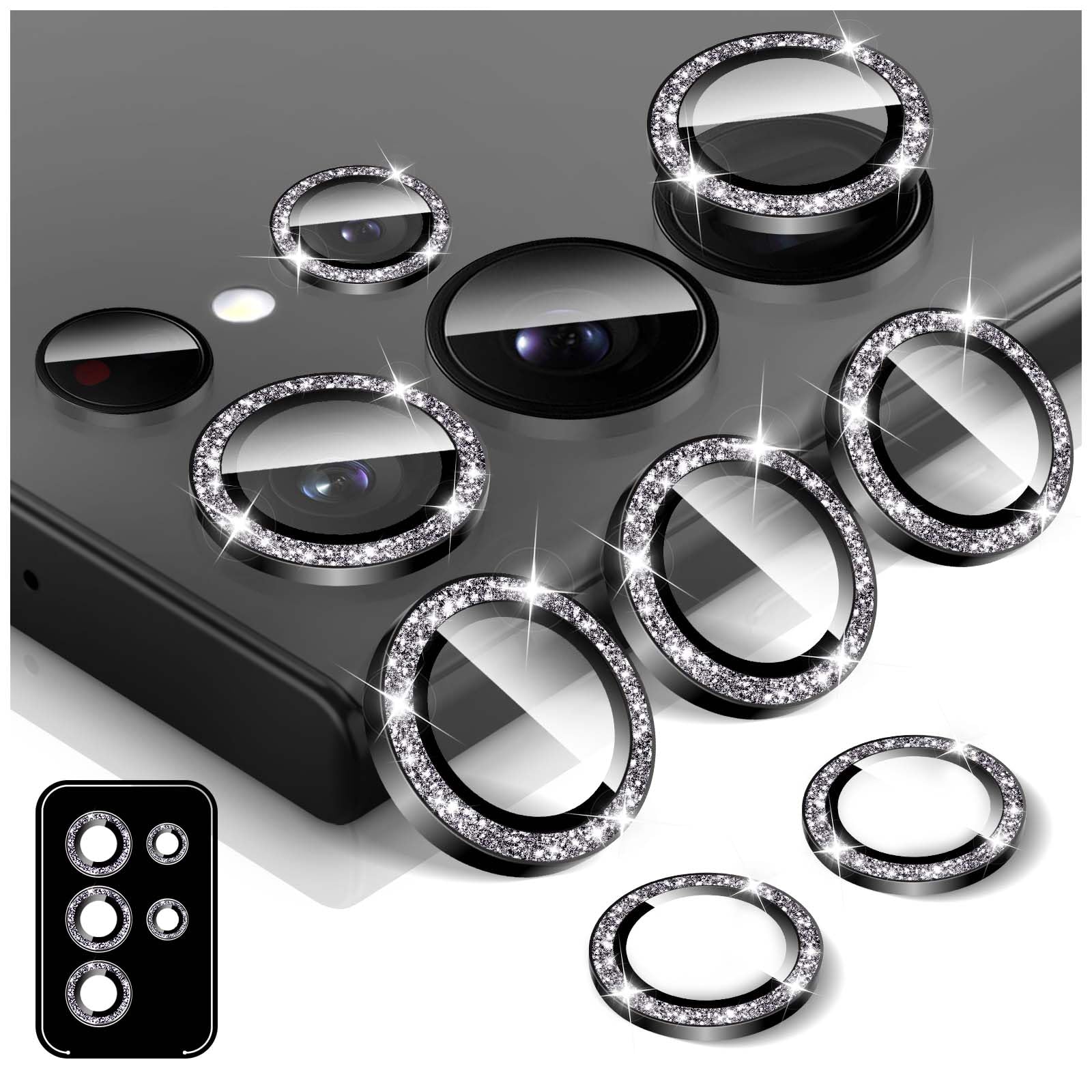 【送料無料】Samsung Galaxy S24 Ultra用キラキラカメラレンズプロテクター、LucBuy 9H強化ガラスカメラカバースクリーンプロテクター、グリッター簡単にインストールできます自動調整個別メタルリングフィルムステッカー電話アクセサ サイズ：Samsung Galaxy S24 Ultra