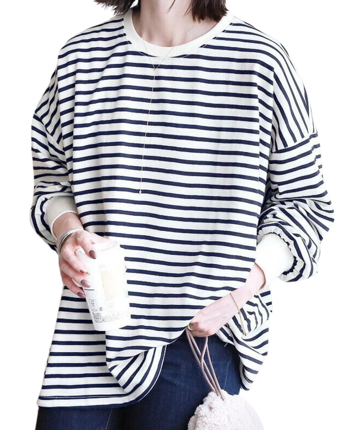 【送料無料】[Elixio] [エリクシオ] レディース ボーダー トップス カットソー ロンT ゆったり 大きいサイズ 長袖tシャツ 長袖 秋 カジュアル 大きめ おしゃれ 綿 コットン ワイドシルエット 定番 色：ネイビー、サイズ：L