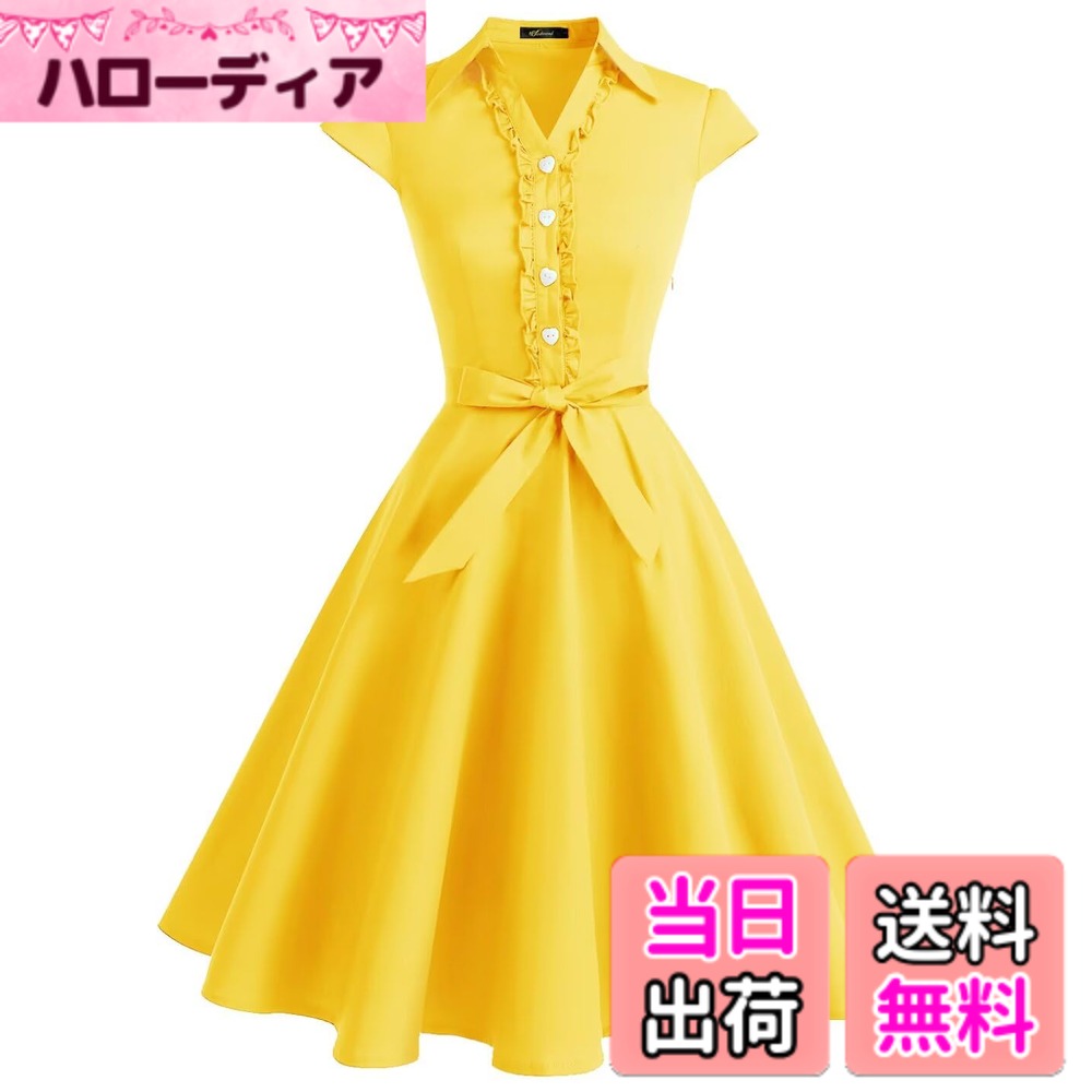 【送料無料】[Wedtrend] 50年代 レトロワンピース ロカビリー 半袖ワンピース パーティー ドレス フォーマルドレス お呼ばれ 結婚式 二次会 発表会 大きいサイズ 色：イエロー、サイズ：2XL