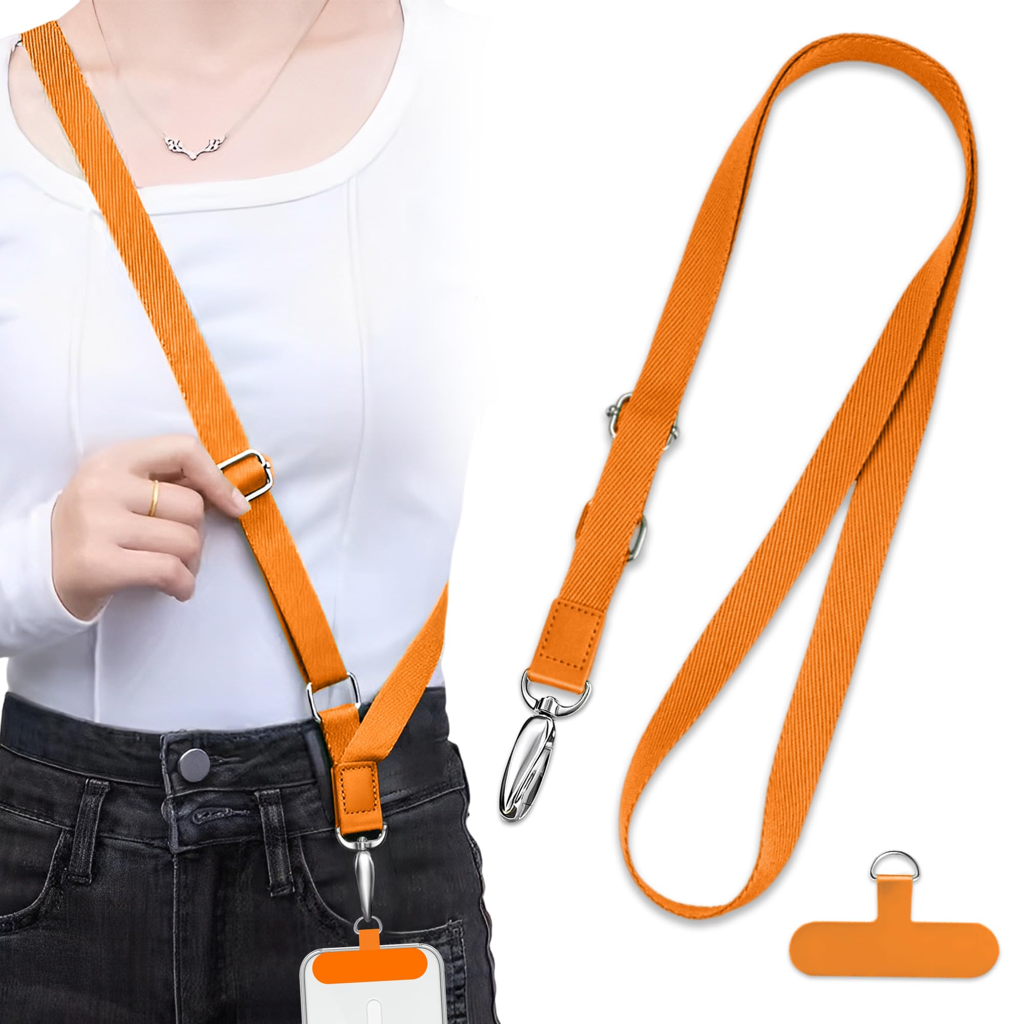 【送料無料】[ZXZone] スマホショルダー 斜めがけ首掛け肩掛け 携帯ストラップスマホストラップ長さ調節可能 ストラップ 1本+タグパッチ1枚入り ストラップ ショルダーストラップ ロング ネックストラップ スマホ用 パスケース 色：オレンジ、サイズ：オレンジ-調節可能