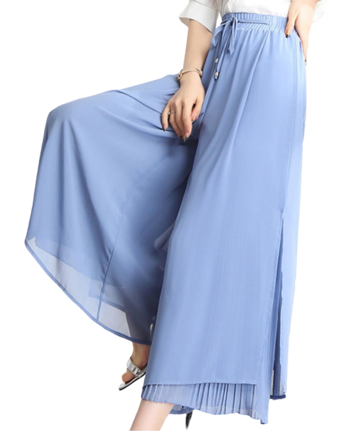 【送料無料】[Elixio] [エリクシオ] ガウチョパンツ スカート風 スカーチョ スカンツ キュロットスカート レディース フレアパンツ シフォン 体型カバー 9分丈 大きいサイズ ゆったり きれいめ 色：ブルー、サイズ：XL