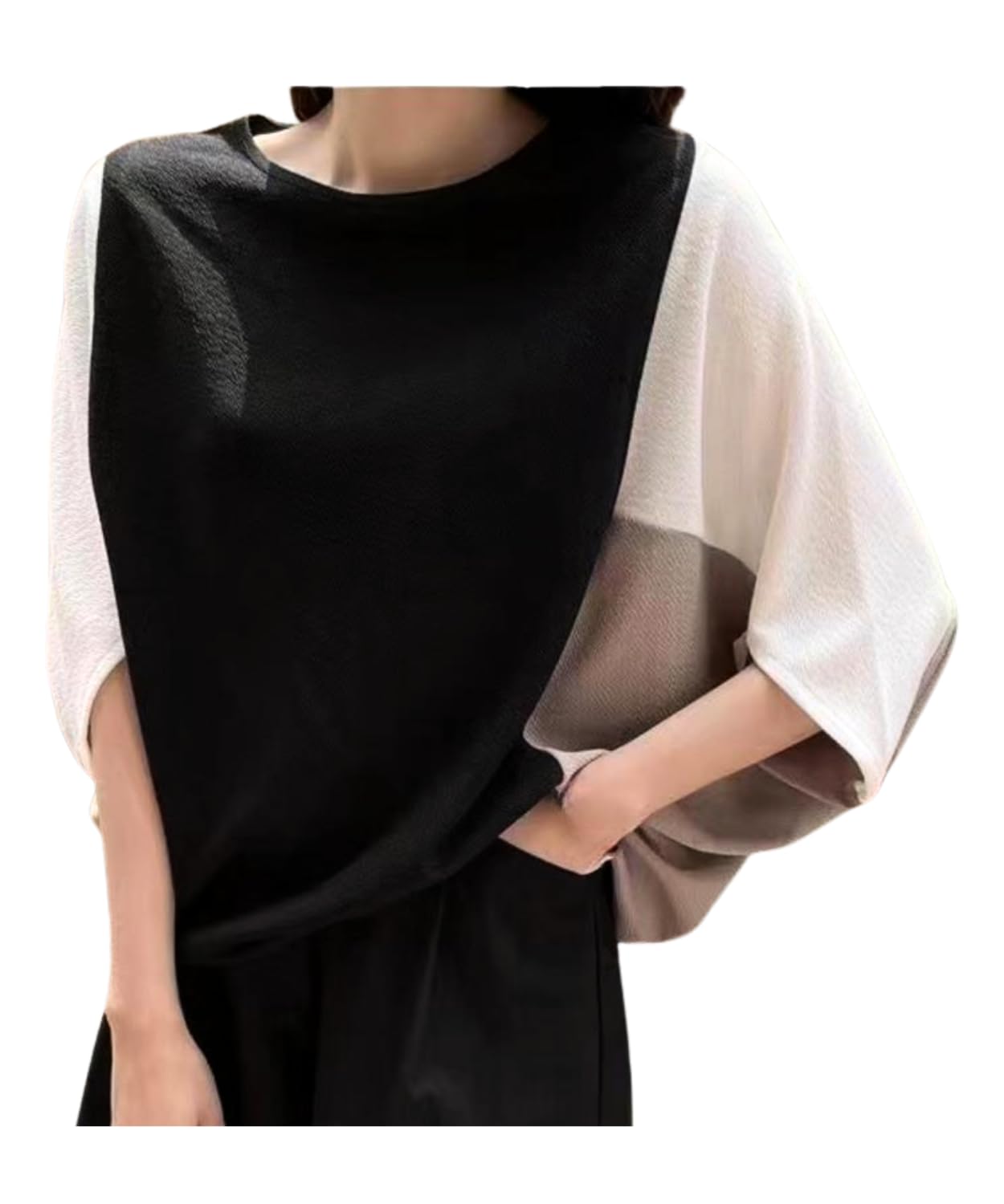 【送料無料】[Dep Club] ドルマンスリーブ オフィスカジュアル レディース ドルマントップス 七分袖 ビッグtシャツ ブラウス カットソー 大きいサイズ ゆったり 体型カバー 着痩せ 7分袖 春 夏 秋 色：ブラック、サイズ：XL