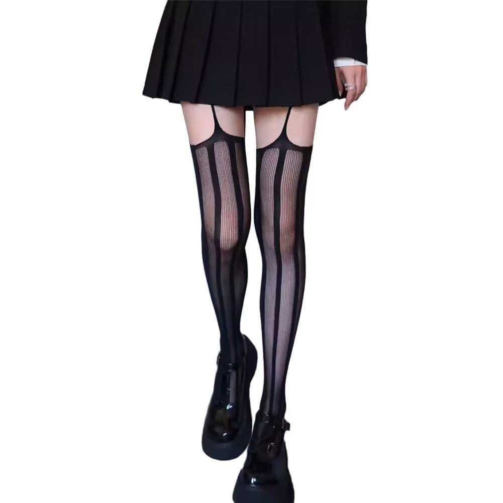【送料無料】[Eukkis] ガーターストッキング ニーハイソックス レディース セクシー4面あきオープンタイツ ベルトパンティストッキング 可愛い靴下 ズリ落ちにくい 色：太いストライプ柄　ブラック、サイズ：Free Size