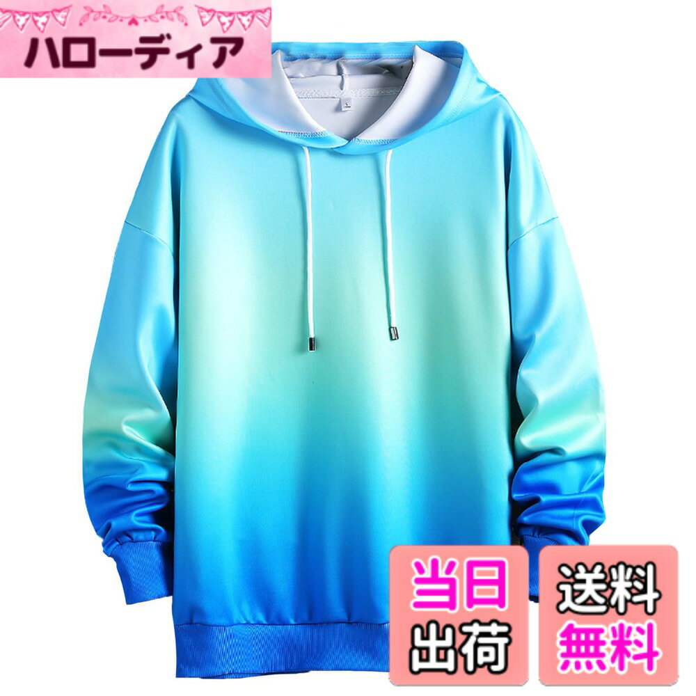 【送料無料】 BLOOMY CHIC パーカー メンズ 秋服 長袖 グラデーション おしゃれ 大きいサイズ トレーナー プルオーバー スウェット 人気 メンズ トップス フード付き 色：ブルー サイズ：XL