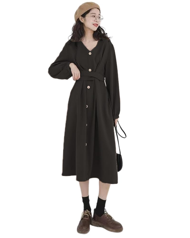 【送料無料】[Collecala] 秋ワンピース レディース長袖 Vネックワンピース ウエストベルト 秋冬きれいめロングワンピ プルオンワンピースドレス 色：ブラック、サイズ：S