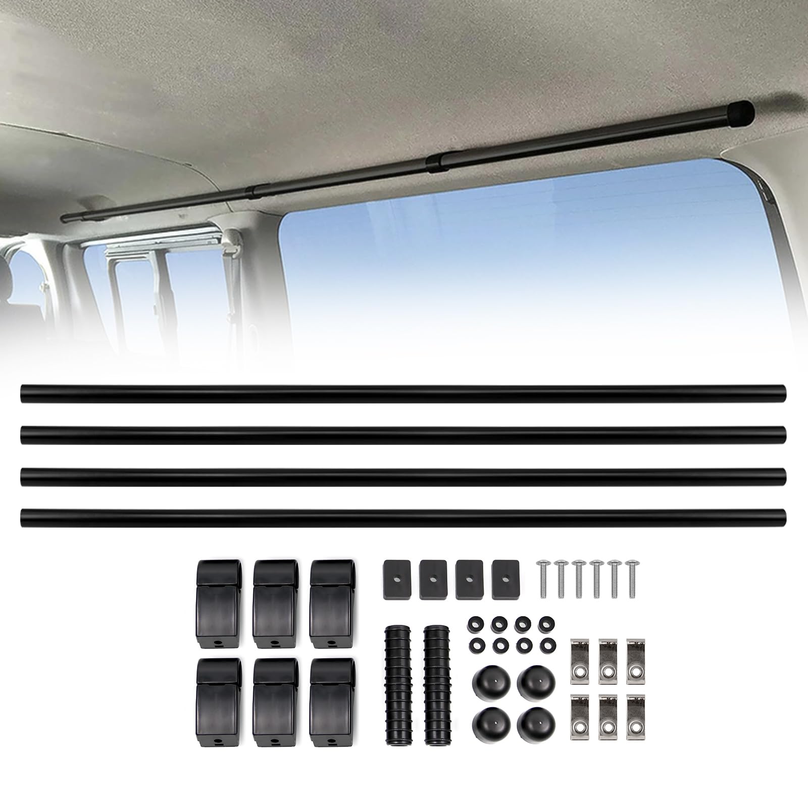 【送料無料】Jeyaic 車内収納 車室内キャリアバー サイドバー クロスライド 左右セット 適合車種200系ハイエース(I型~IV型)バン S-GL標準/ワイド）/200系ハイエース(I型~IV型)ワゴン GL /NV350キャラバン(現行型)バン プレミアムGX 標準ルーフ 黒いパイ 色：黒いパイプ