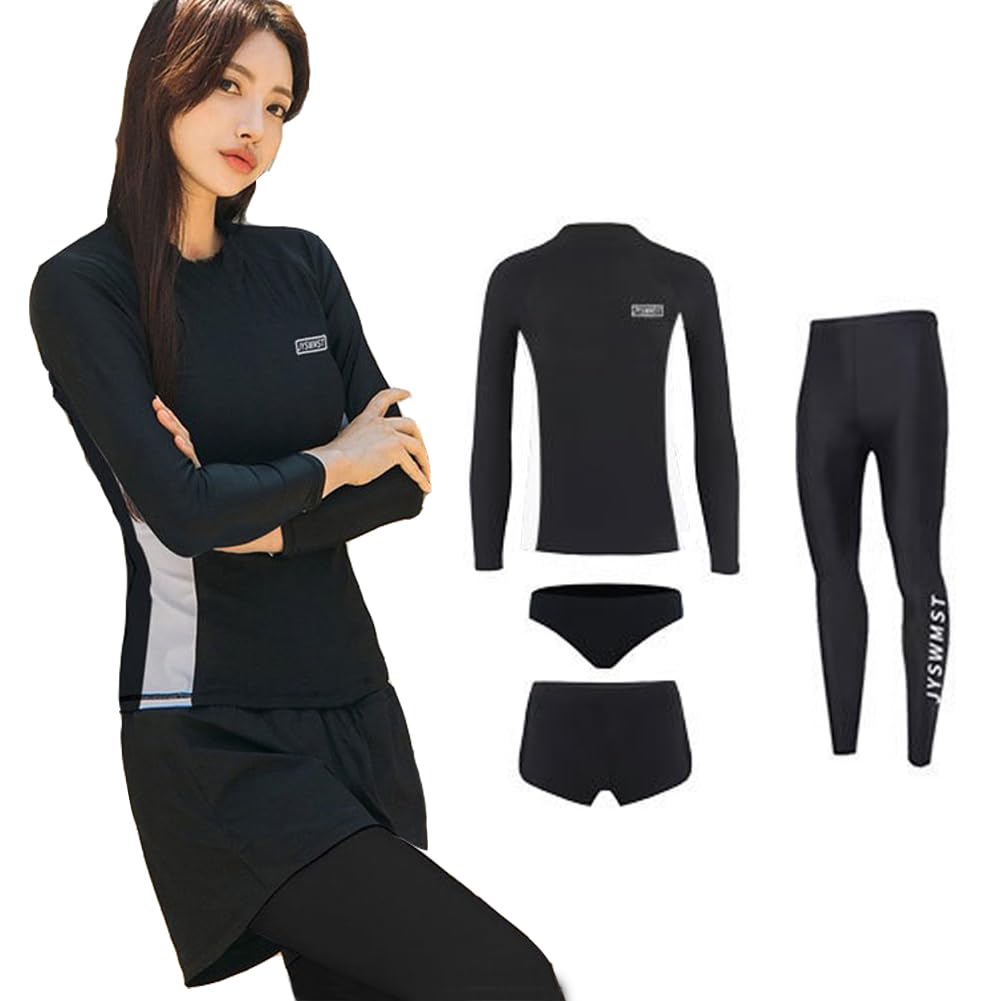 【送料無料】[Yeecan] フィットネス水着 レディース 水着 長袖ラッシュガード 体型カバー セパレート ショートパンツ タンキニ 上下セット 4点セット UVカット 水泳 女性用長袖水着 接触冷感 スポーツ 温泉 競泳 通気性 吸汗 速乾 水陸両用 色：4Setホワイト、サイズ：L