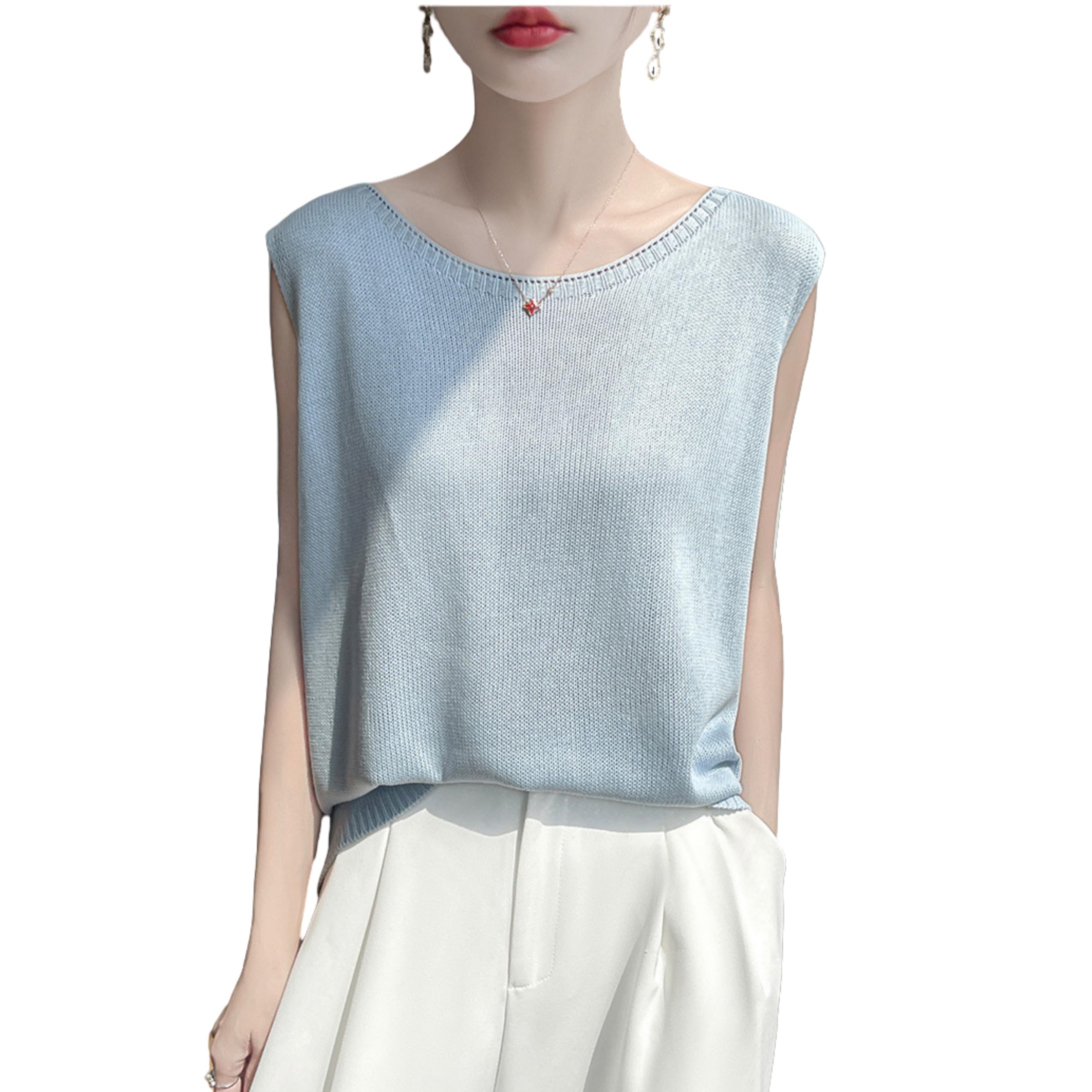 【送料無料】[KOEKOI] タンクトップ レディース ニット ノースリーブ 夏 キャミソール Tシャツ 薄手 カットソー サマーニット 無地 おしゃれ ニットタンクトップス インナー 重ね着 レイヤード さらさら 柔らか カジュアル 色：ブルー、サイズ：Free Size