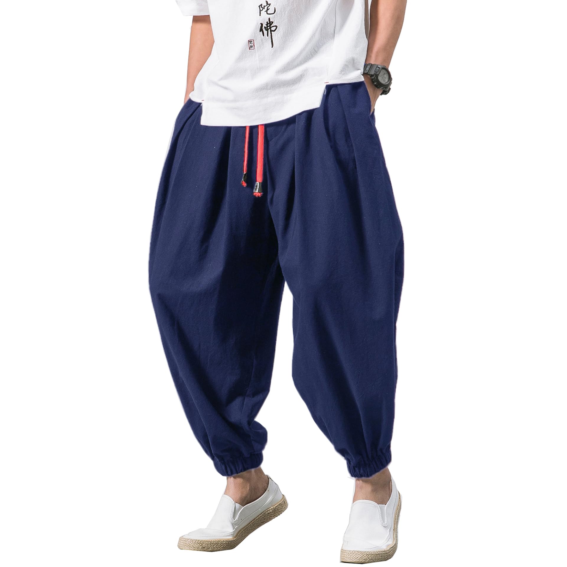 【送料無料】[Butrends] メンズ サルエルパンツ ガウチョパンツ 袴パンツ 無地 カジュアル ワイド ゆったり 夏服 ポケット付き 大きいサイズ カジュアル ワイドパンツ ロングパンツ 色：ネイビー、サイズ：2XL