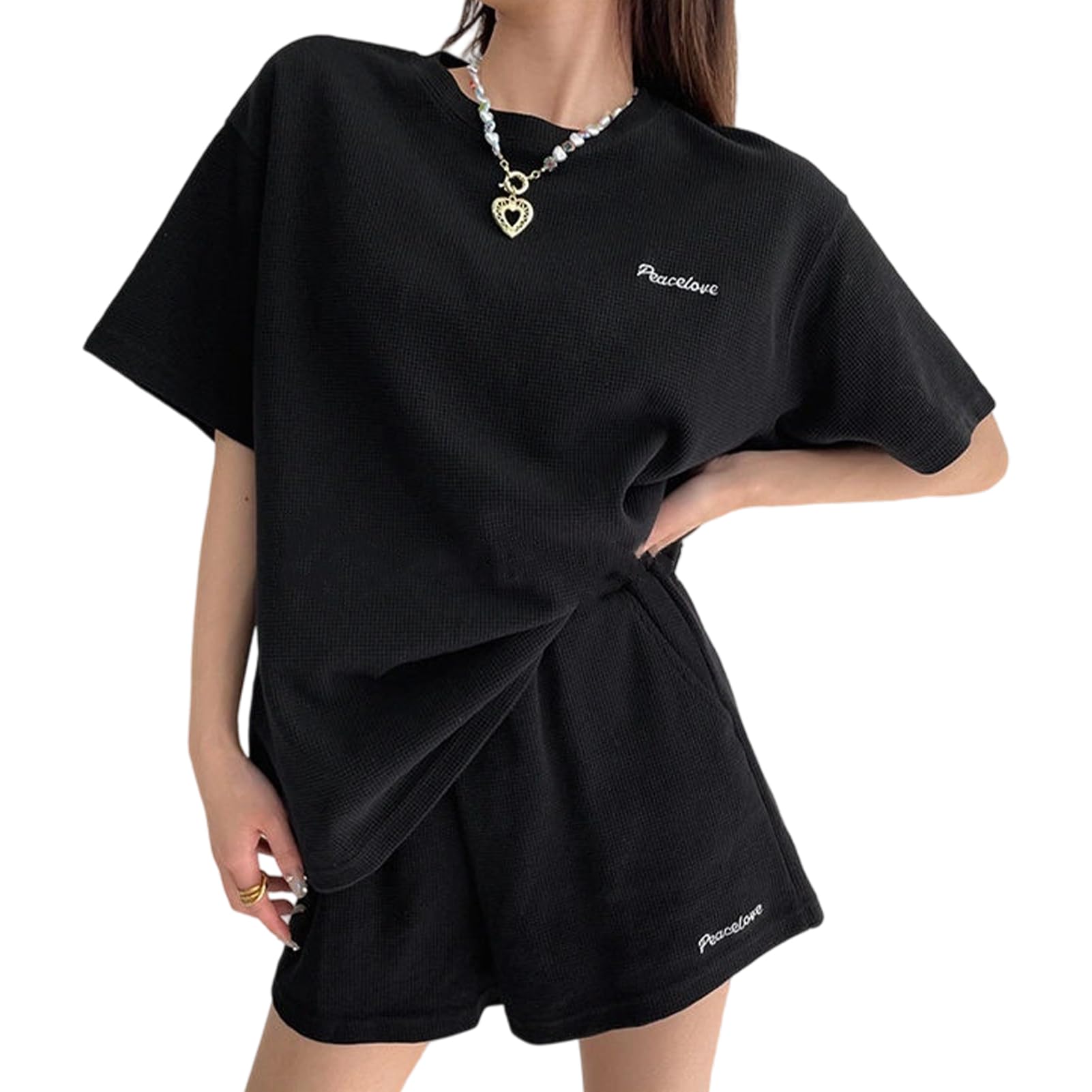 【送料無料】[Formemory] 【Tシャツ ショートパンツ】 2点セット レディース 半袖 トップス 半ズボン ワイドショーツ カジュアル ゆったり 部屋着 ルームウェア スポーツ 上下セット 色：ブラック、サイズ：M