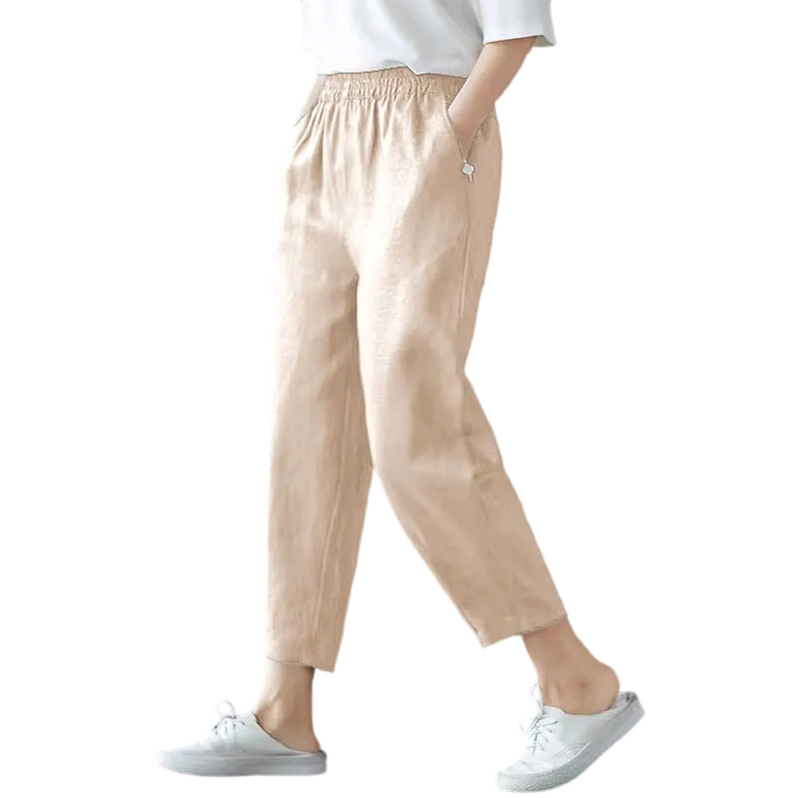 【送料無料】[Moerstar] サルエルパンツ レディース テーパードパンツ 綿麻 9分丈 ワイドパンツ ハイウエスト ズボン ゆったり 薄手 カジュアル 無地 体型カバー 大きいサイズ 接触冷感 通気 吸汗 速乾 春 夏 通勤 通学 色：ライトカーキ、サイズ：L