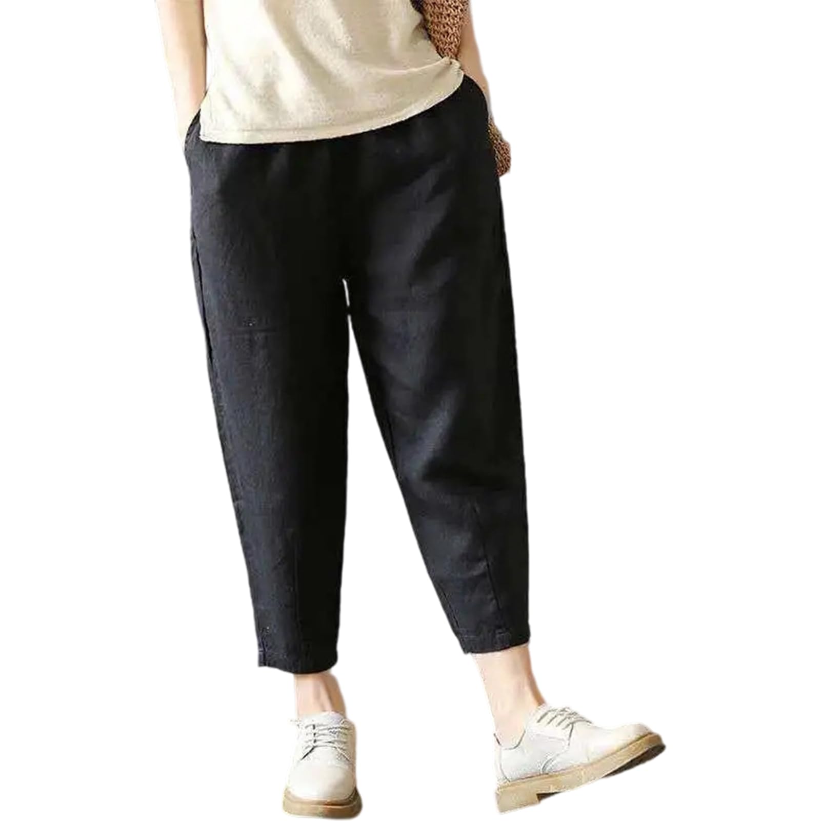 【送料無料】[Moerstar] サルエルパンツ レディース テーパードパンツ 綿麻 9分丈 ワイドパンツ ハイウエスト ズボン ゆったり 薄手 カジュアル 無地 体型カバー 大きいサイズ 接触冷感 通気 吸汗 速乾 春 夏 通勤 通学 色：ブラック、サイズ：2XL