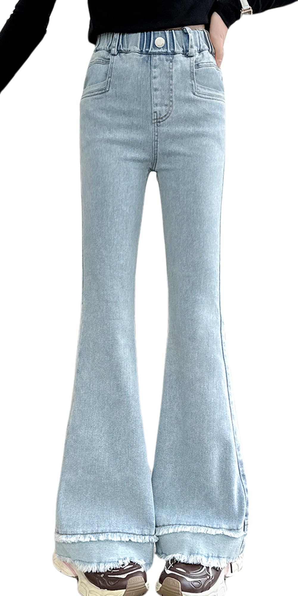 【送料無料】[Maeau] ジーンズ デニムパンツ パンタロン ダメージ 長ズボン 着痩せ 女の子 ジーパン 子供 ガールズパンツ キッズ ロングパンツ ワイドパンツ 夏 春 秋 色：L001、サイズ：120