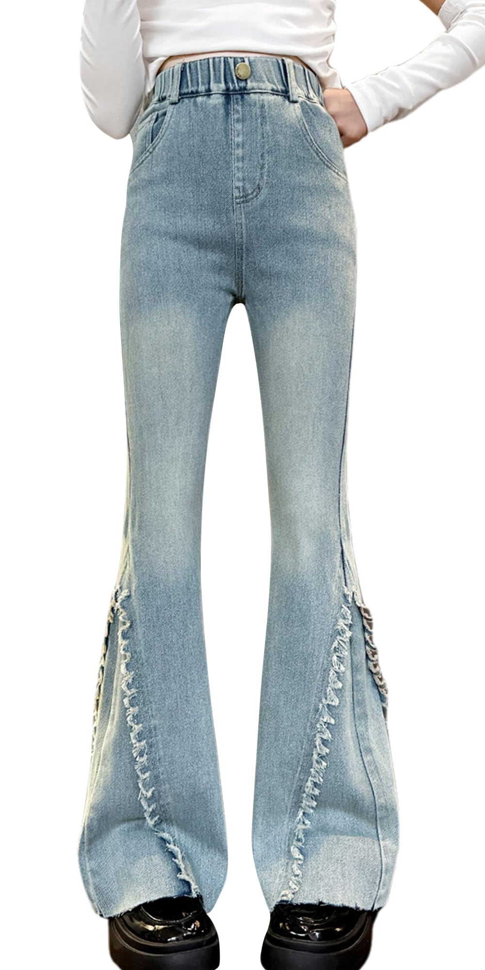 【送料無料】[Maeau] ジーンズ デニムパンツ パンタロン ダメージ 長ズボン 着痩せ 女の子 ジーパン 子供 ガールズパンツ キッズ ロングパンツ ワイドパンツ 夏 春 秋 色：K001、サイズ：120