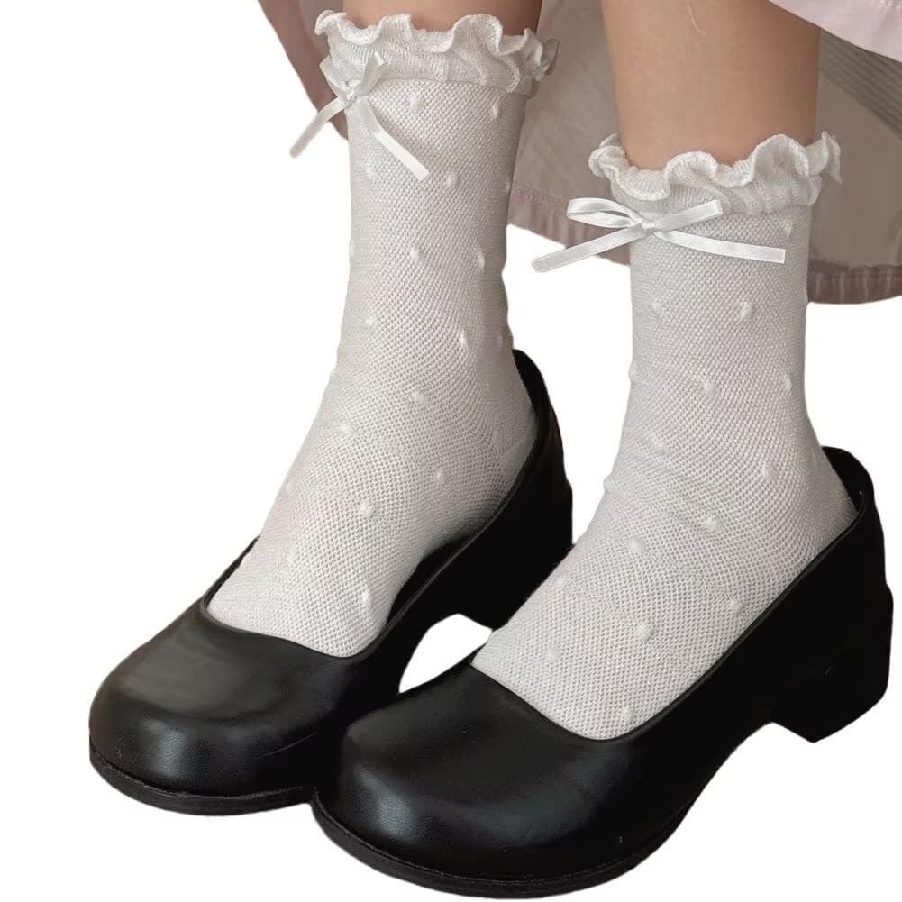 【送料無料】[Eukkis] メッシュクルーソックス 薄手コットン生地ホワイト靴下 可愛いレース柄 ルーズソックス 蒸れない 通気性速乾性 色：ドット柄 ホワイト、サイズ：Free Size