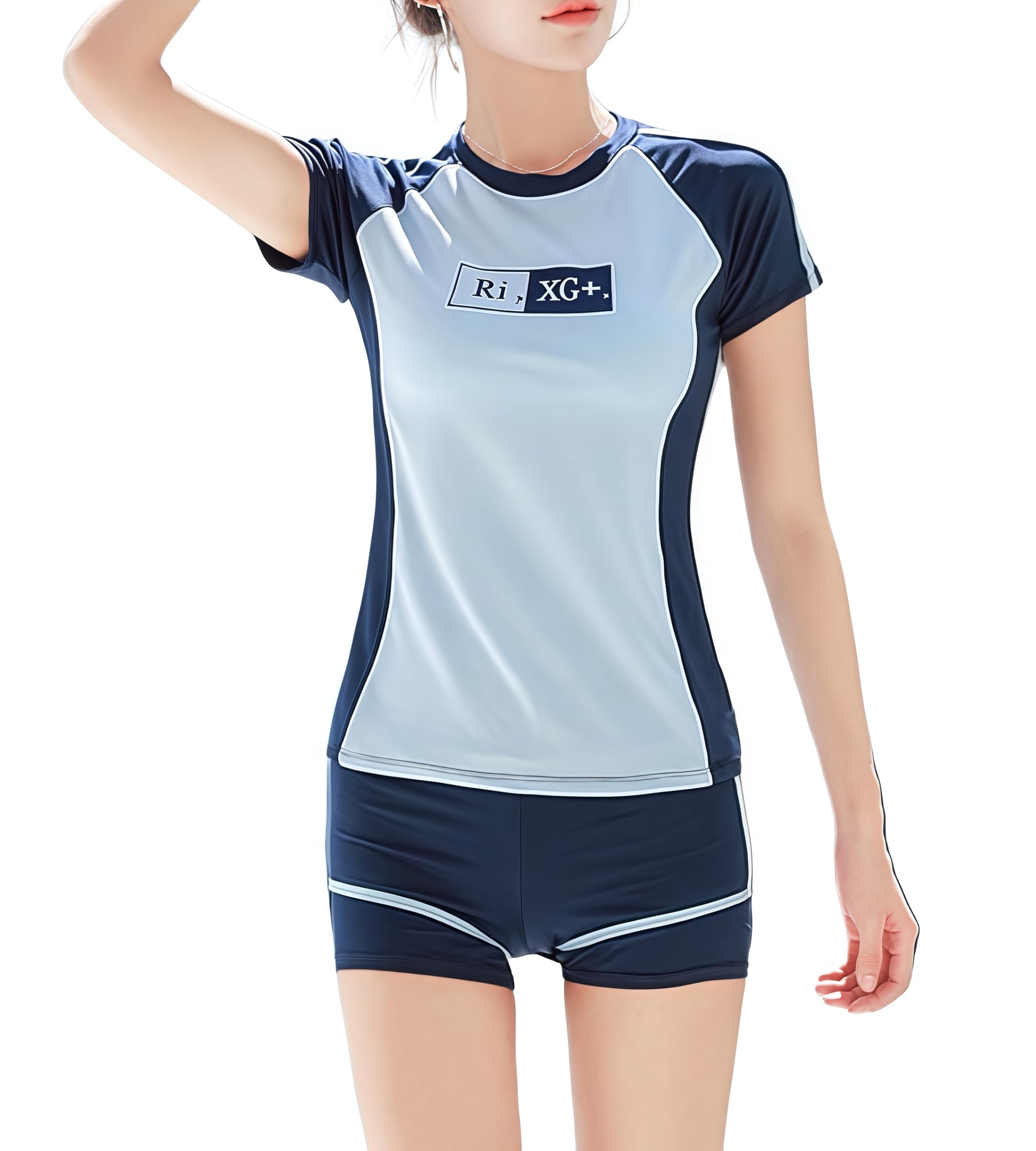 【送料無料】[Lalapala] レディース 水着 スクール水着 セパレート タンキニ 上下セット フィットネス 半袖ラッシュガード ショートパンツ 胸パット付き 体型カバー ビーチ プールスクール 学生 かわいい 無地 速乾性 練習用 女子 色：ブルー、サイズ：L