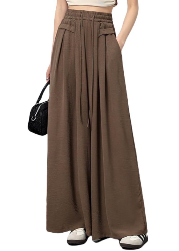【送料無料】[Xingxin] ワイドパンツ 春 夏 レディース ロングパンツ 薄手 袴 ガウチョ パンツ ズボン ゆったり 脚長 着痩せ 無地 おしゃれ カジュアル オフィス 爽やか 大人 通勤 色：モカ、サイズ：XL
