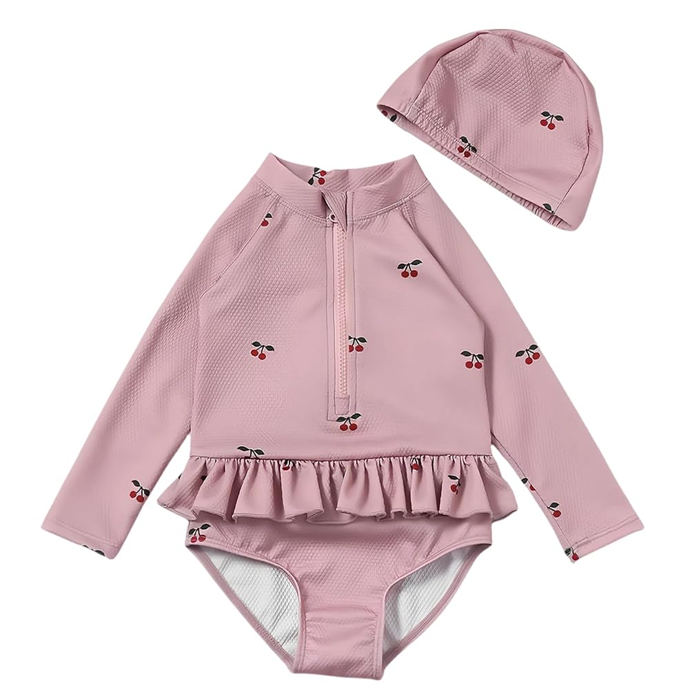 【送料無料】[Limspace] キッズ 水着 女の子 ワンピース キャップ付き オールインワン ベビー ワンピース水着 長袖 ラッシュガード オールインワン ベビー 赤ちゃん 子供用水着 子供用水着 小学生 スイムウェア 幼児 スイムウェア スイムキ 色：さくらんぼ、サイズ：130