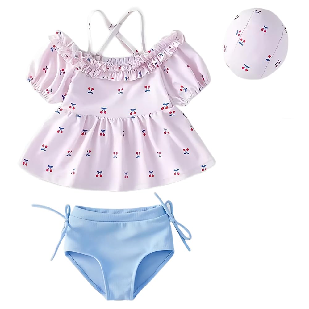 【送料無料】[Limspace] キッズ 水着 女の子 セパレート 半袖 水着 キャップ付き ワンピース 子供 可愛..