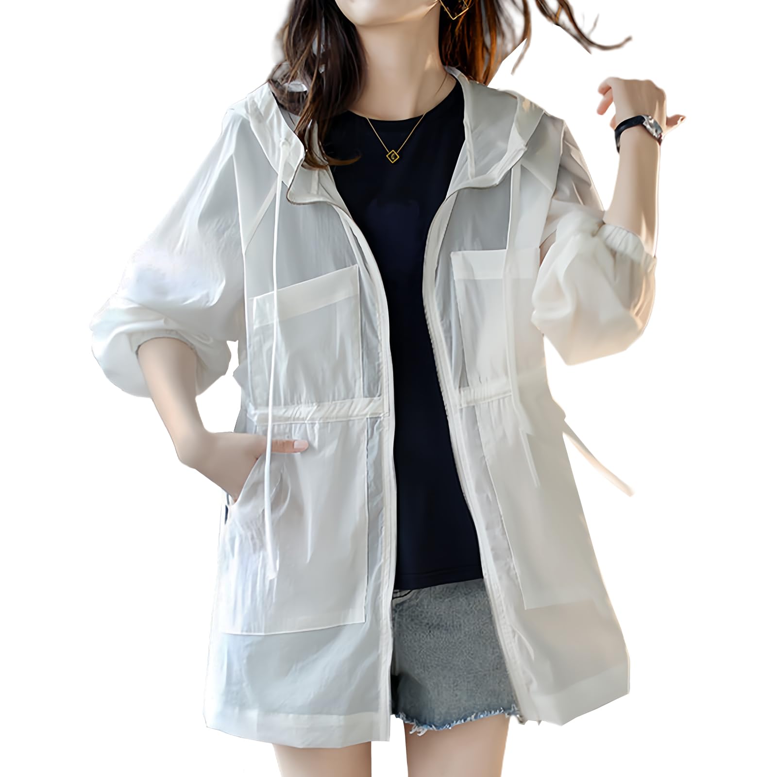 【送料無料】[Narebualo Cietupoop] レディース 日焼け止め服 UVパーカー ラッシュガード 開きシャツ 長袖 接触冷感 紫外線対策 フード付き 冷房対策 ファッション ジッパー 無地 ポケット ゆるい 軽量 通気性 通勤 旅行 アウトドア 春夏秋 色：ホワイト、サイズ：L