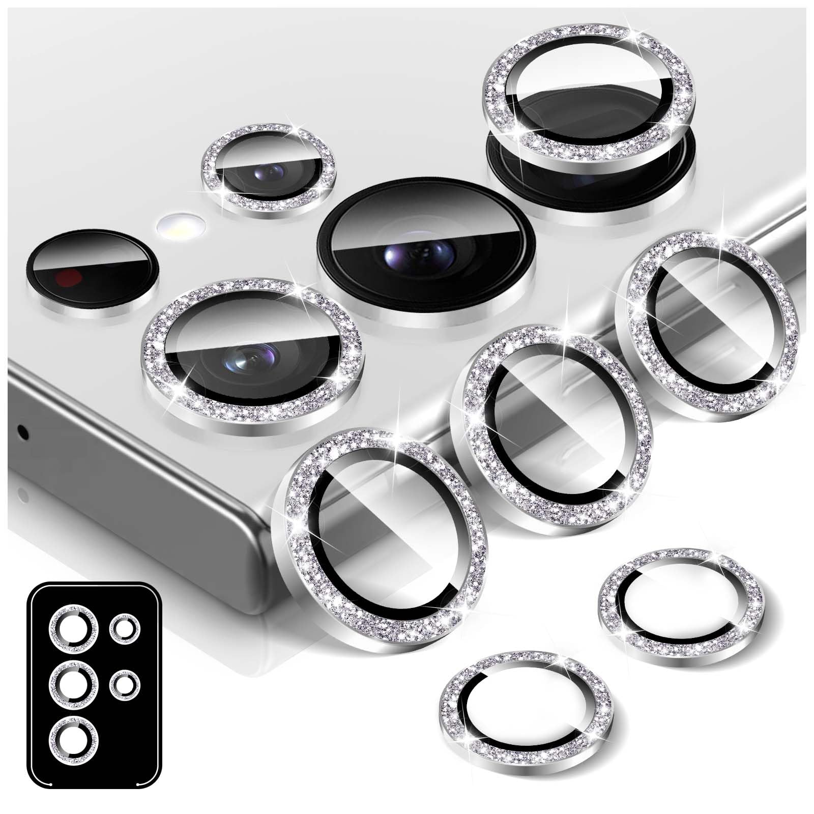【送料無料】Samsung Galaxy S24 Ultra用キラキラカメラレンズプロテクター、LucBuy 9H強化ガラスカメラカバースクリーンプロテクター、グリッター簡単にインストールできます自動調整個別メタルリングフィルムステッカー電話アクセサ サイズ：Samsung Galaxy S25 Ultra